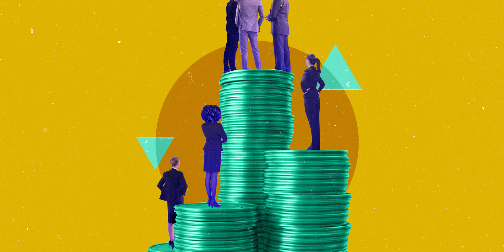 Women of Means series, women and investing: Four uneven stacks of coins, standing on the shorter stacks are women, and on the tallest stack, a group of men converses