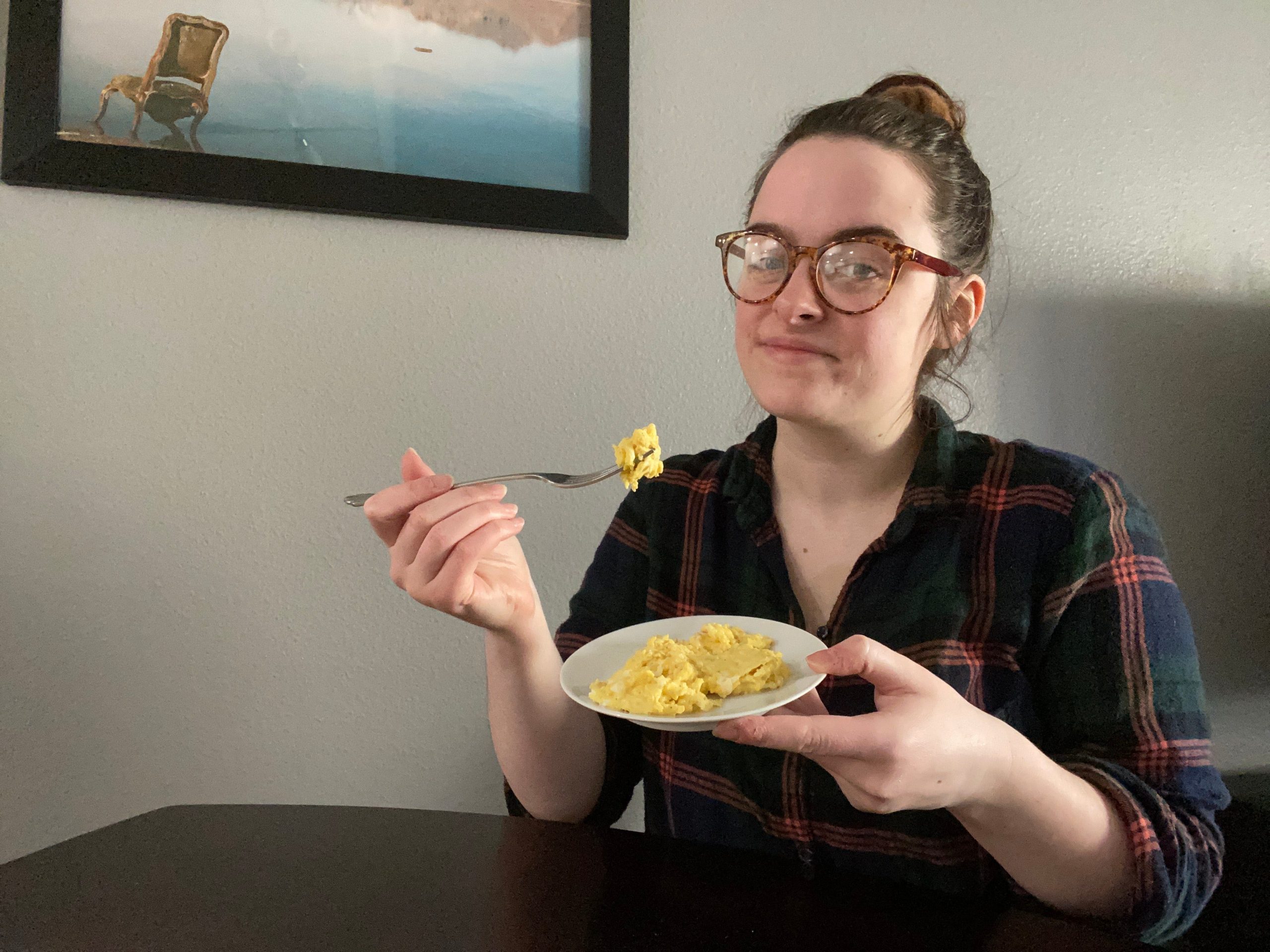 The writer eats scrambled eggs