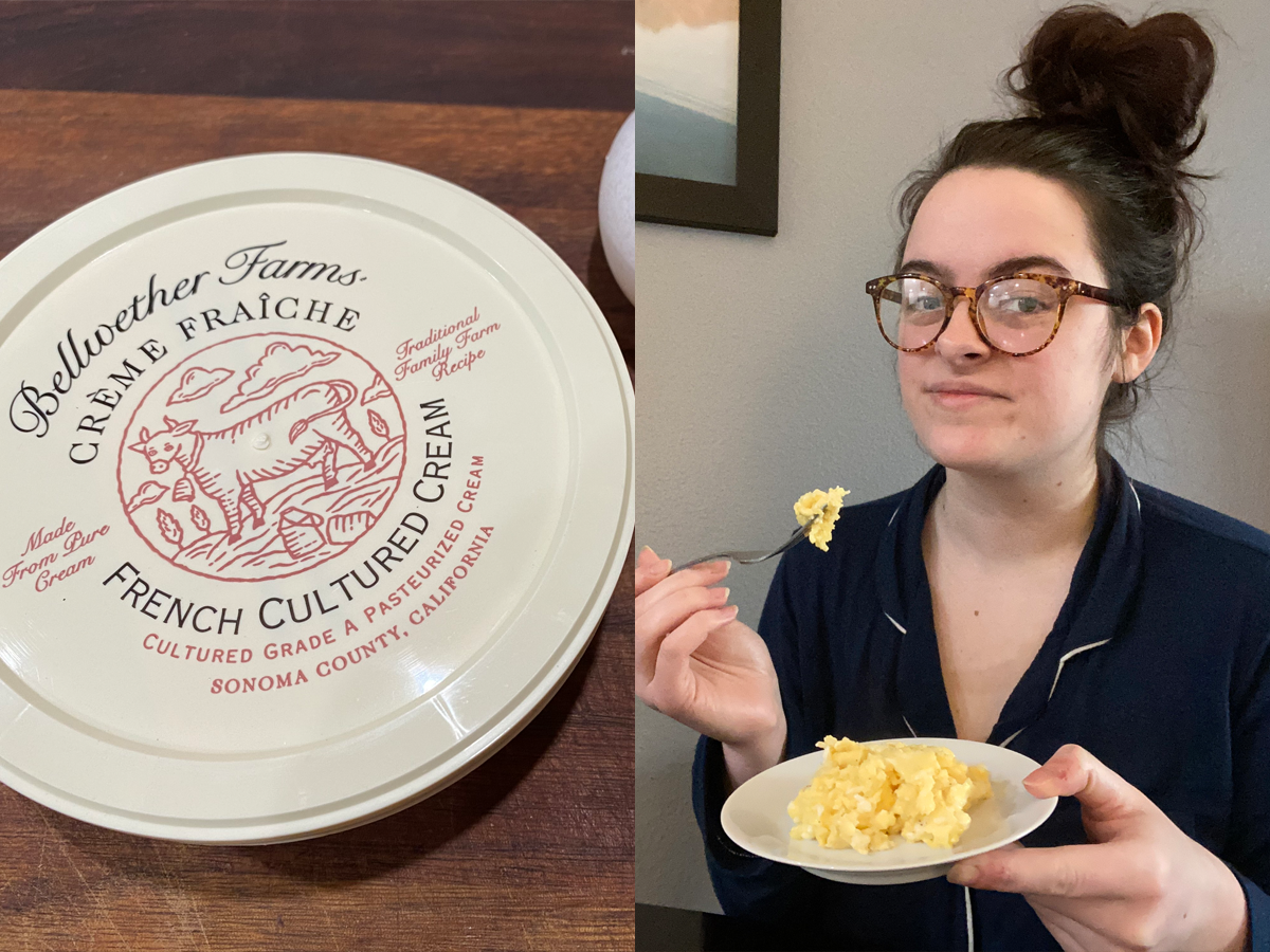 Package of crème fraîche and the writer eating scrambled eggs