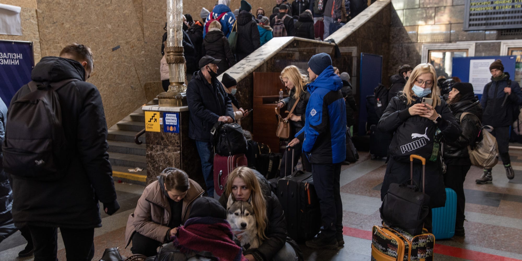 People wait for trains at the Kyiv train station on February 28, 2022 in Kyiv, Ukraine.