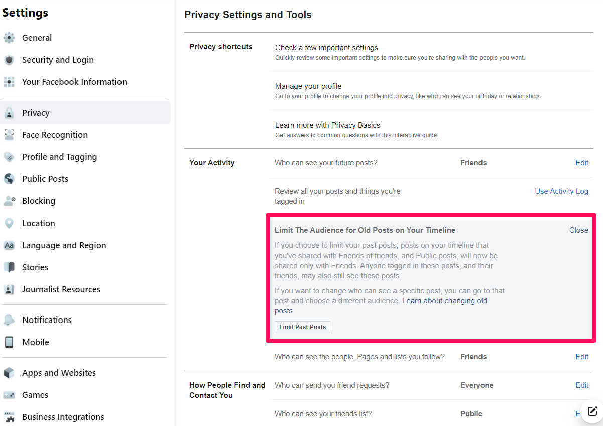 Facebook settings