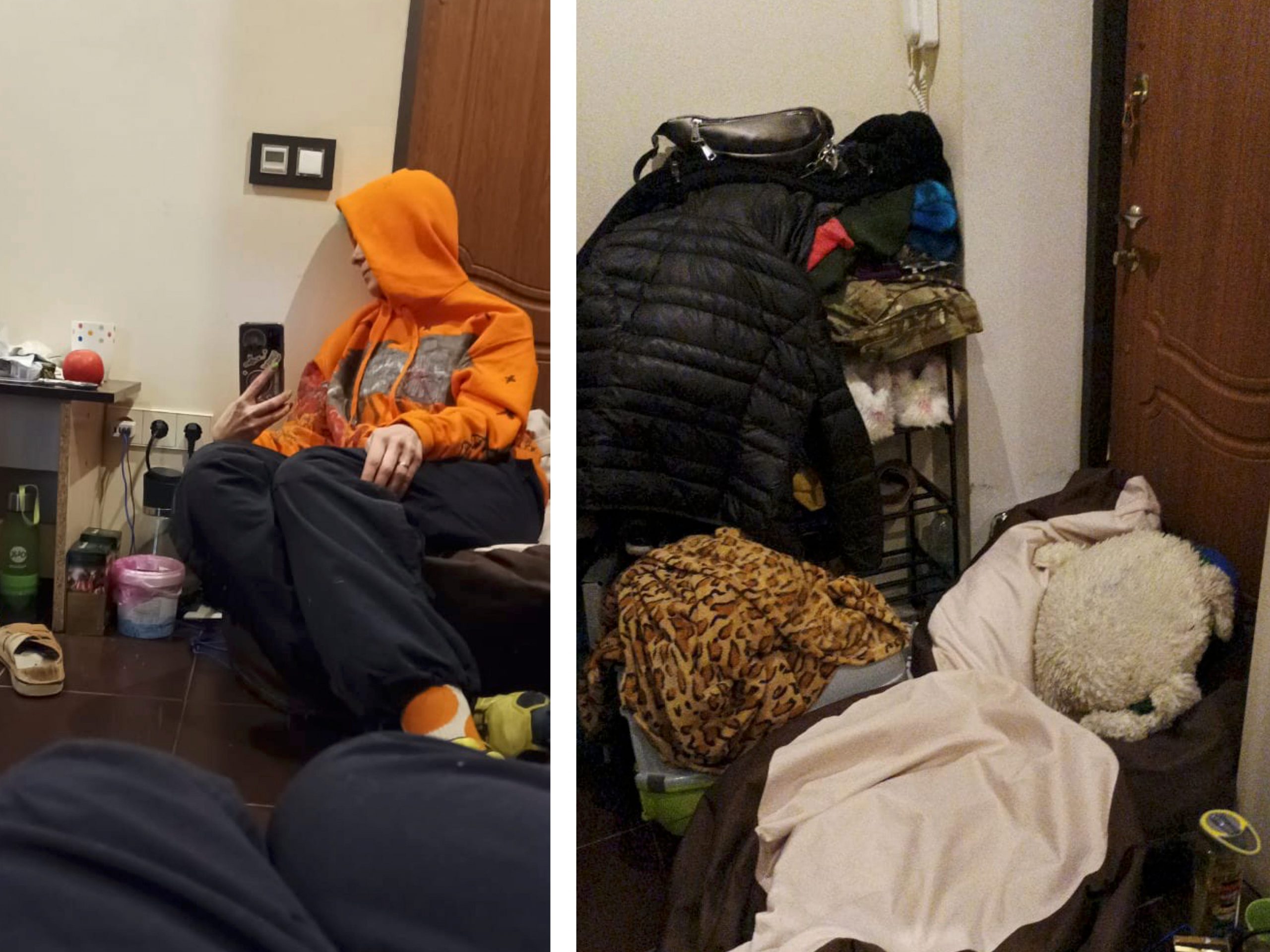 Anna, who is hiding in Ukraine during the Russian invasion. There's a mirror photo of her on the floor and a photo of all of her belongings stacked against her door.