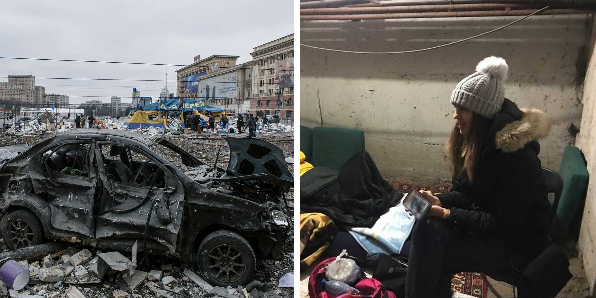 A composite image showing a burnt car in Kharkiv and Marina Shut in a basement shelter