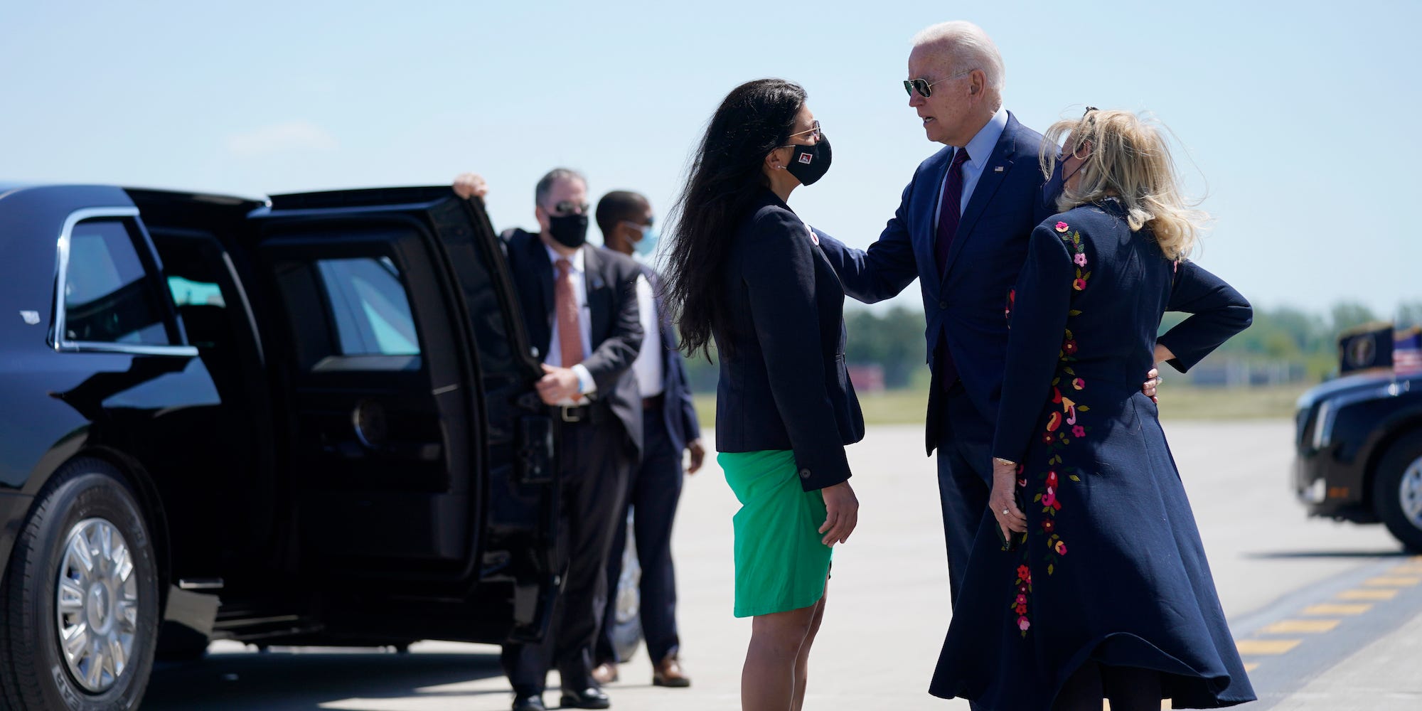 Rep. Tlaib confronts President Biden on the tarmac of the Detroit Metropolitan Wayne County Airport on May 18, 2021.