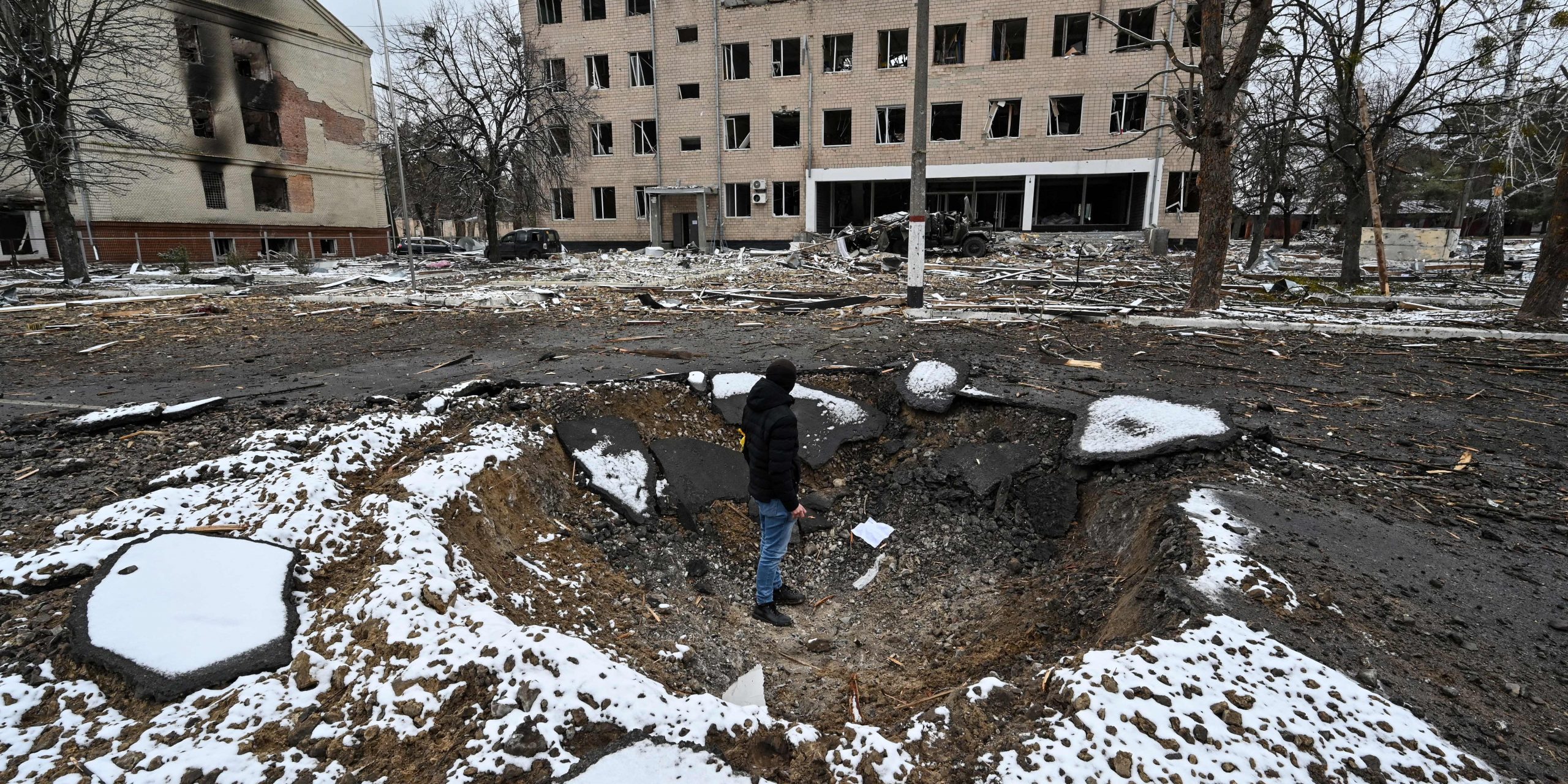 The view of military facility which was destroyed by recent shelling in the city of Brovary outside Kyiv on March 1, 2022.