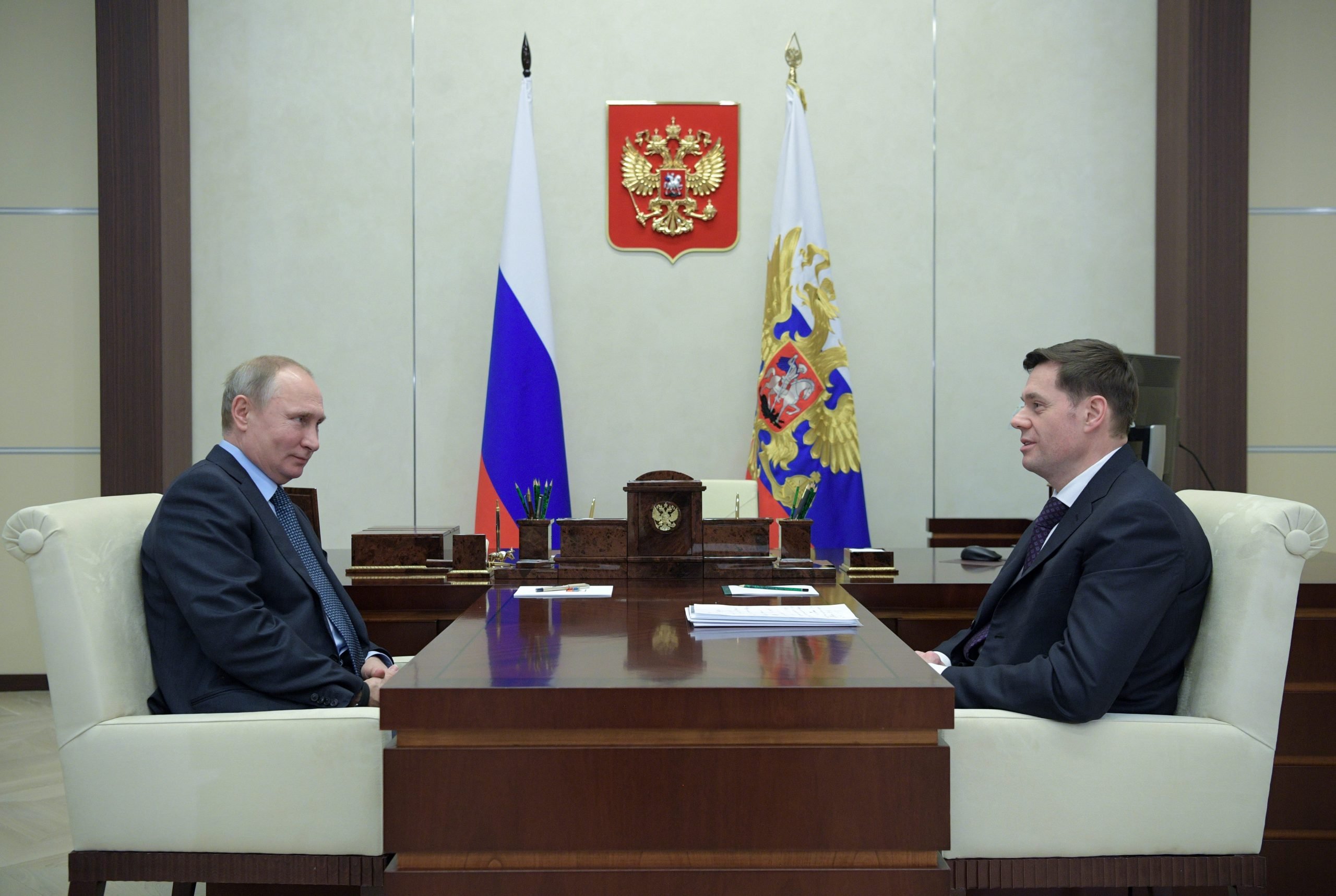 Russia's President Vladimir Putin (L) and Severstal Board Chairman Alexei Mordashov during a 2018 meeting in Moscow.