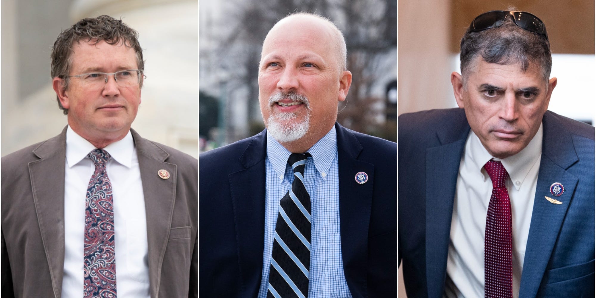 From left: Republican Reps. Thomas Massie of Kentucky, Chip Roy of Texas, and Andrew Clyde of Georgia