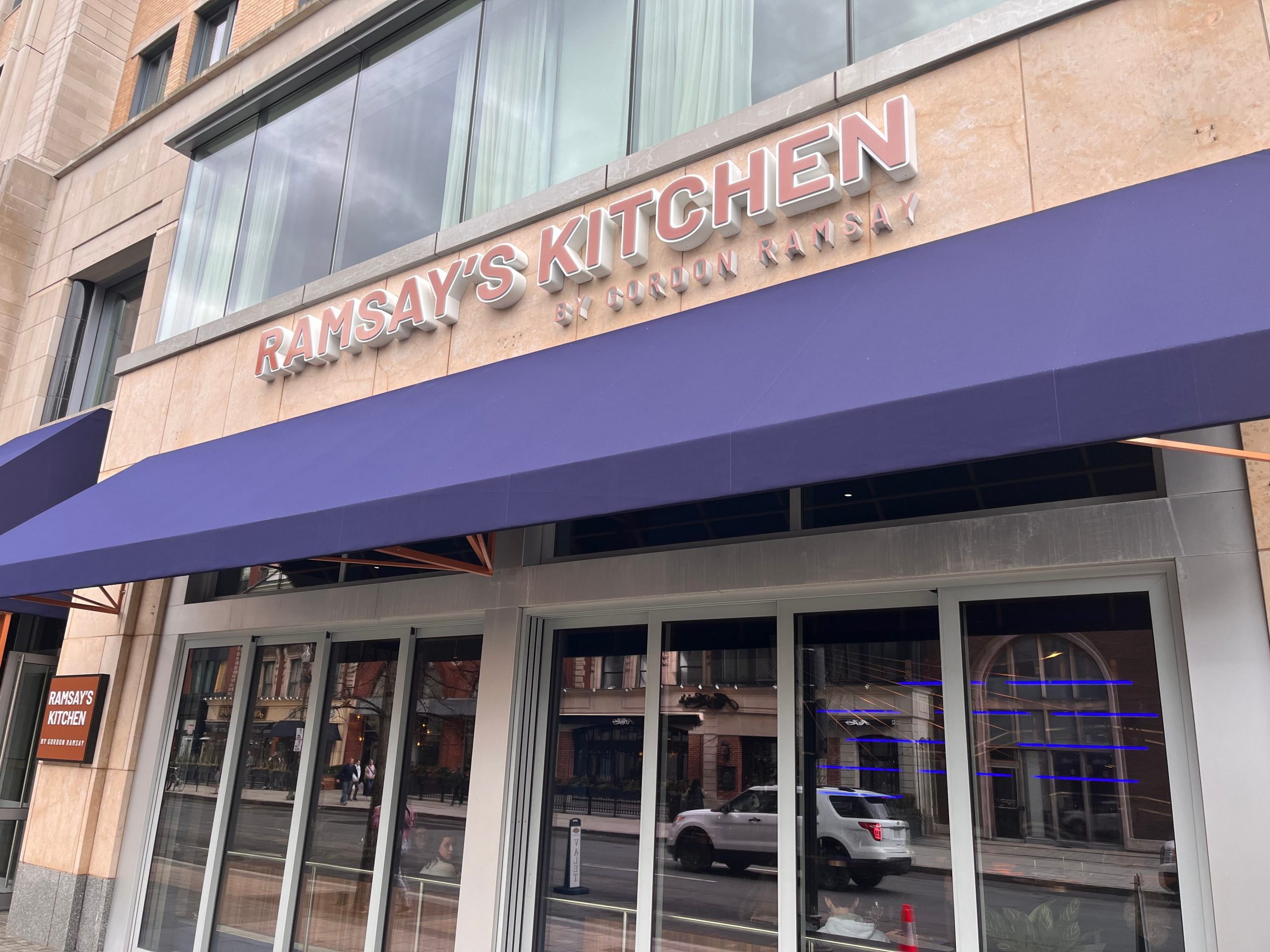 Brown building with "Ramsay's Kitchen" on exterior