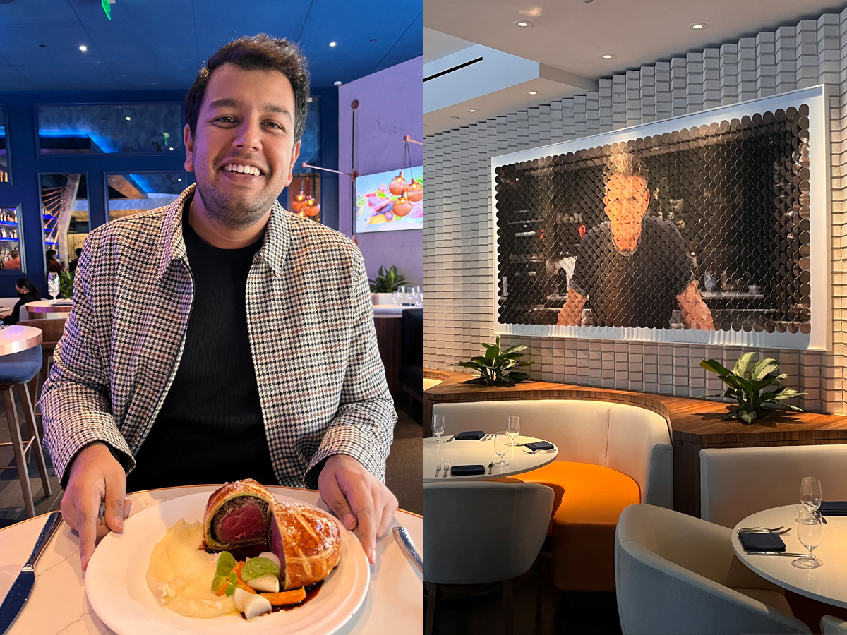 The writer with beef Wellington and restaurant with Gordon Ramsay portrait