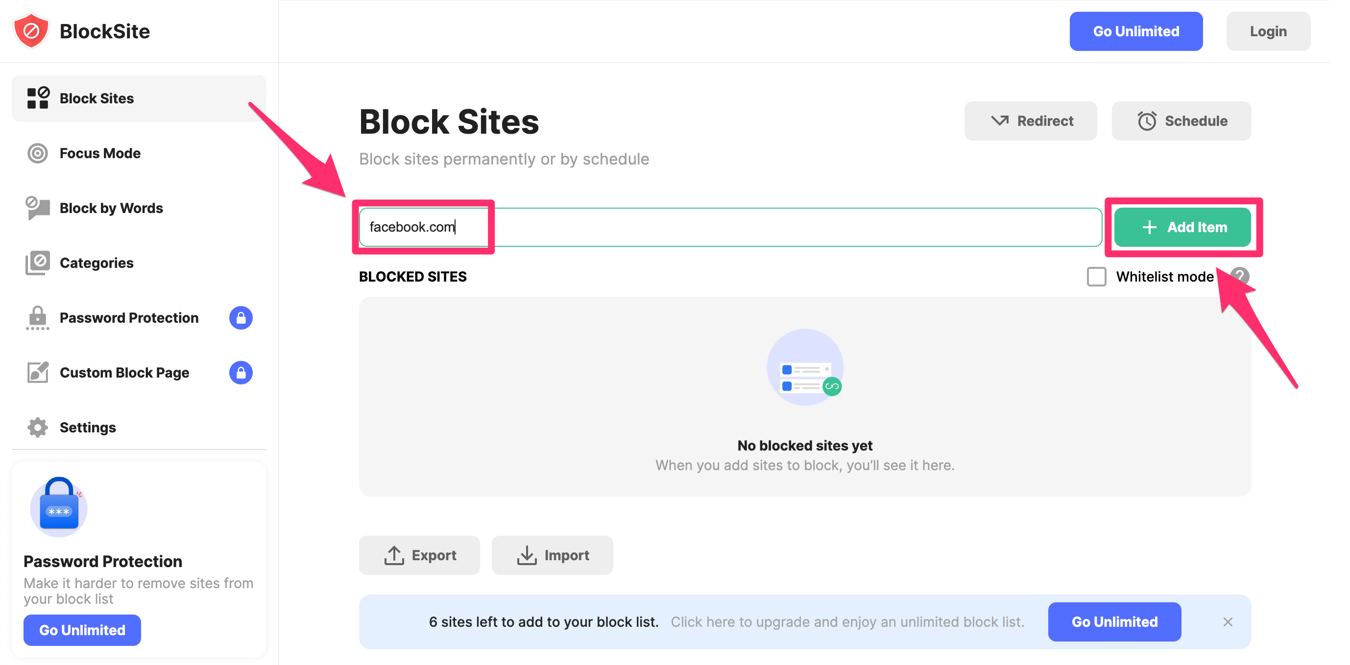 BlockSite settings page with the url and add item button highlighted