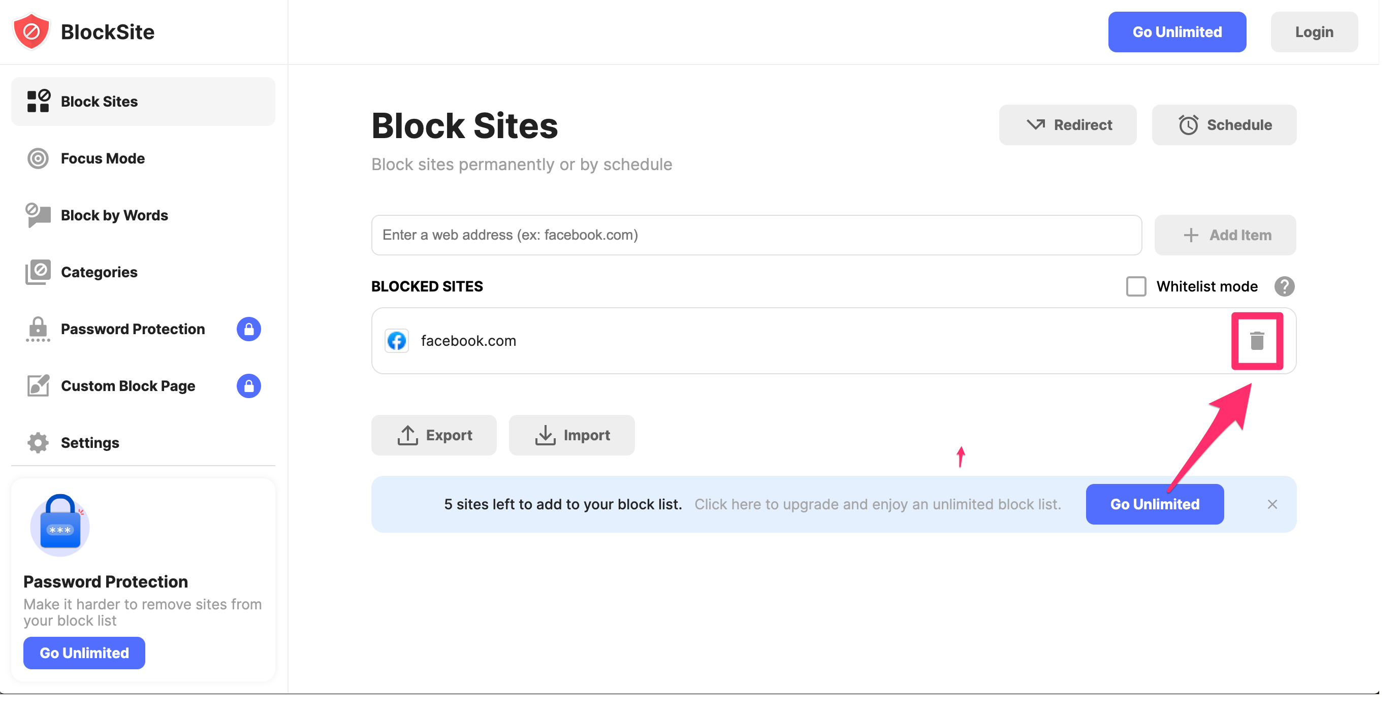 BlockSite settings page with the trash icon highlighted.