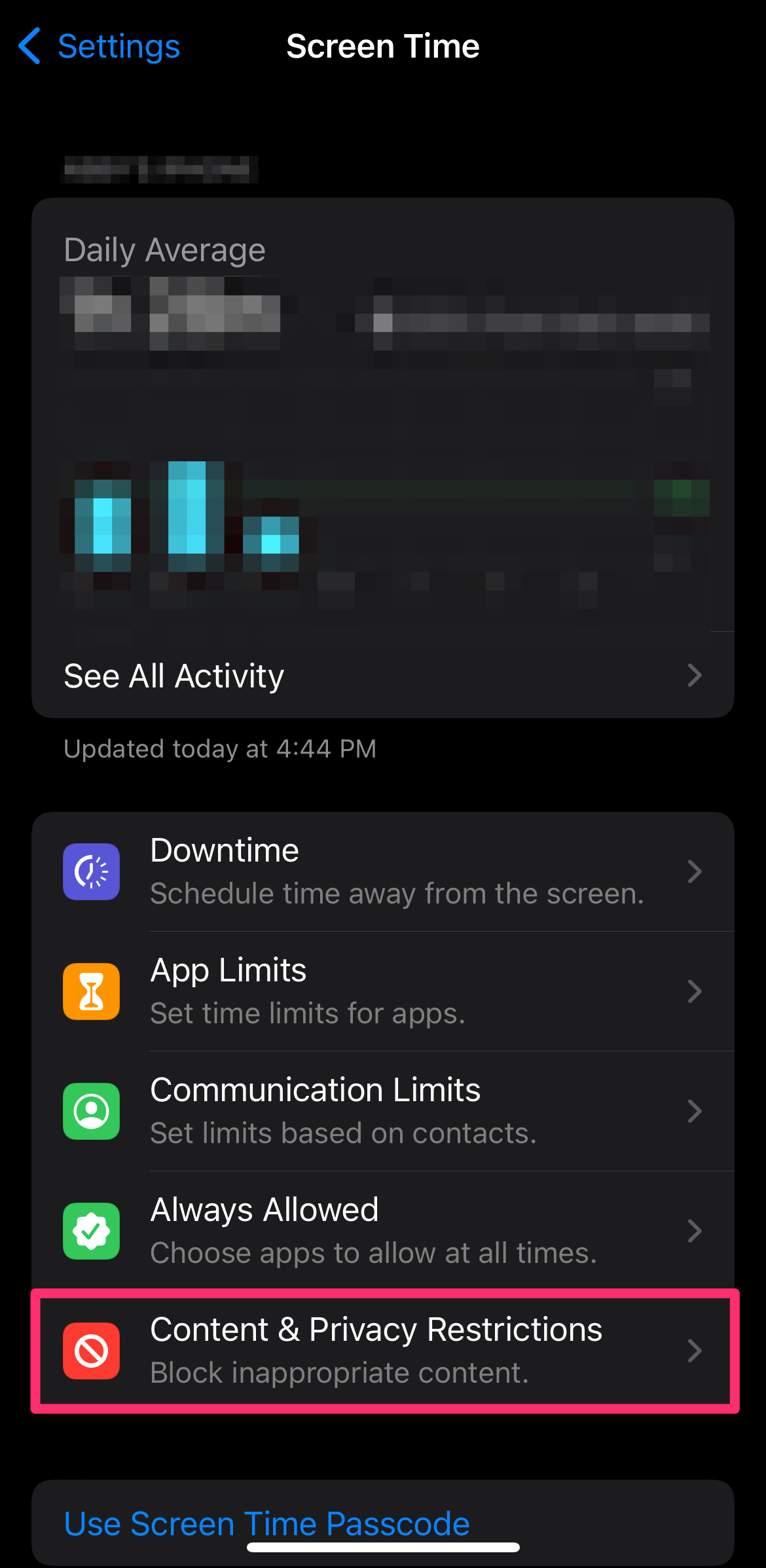 Screen Time settings with Content & Privacy Restrictions highlighted.