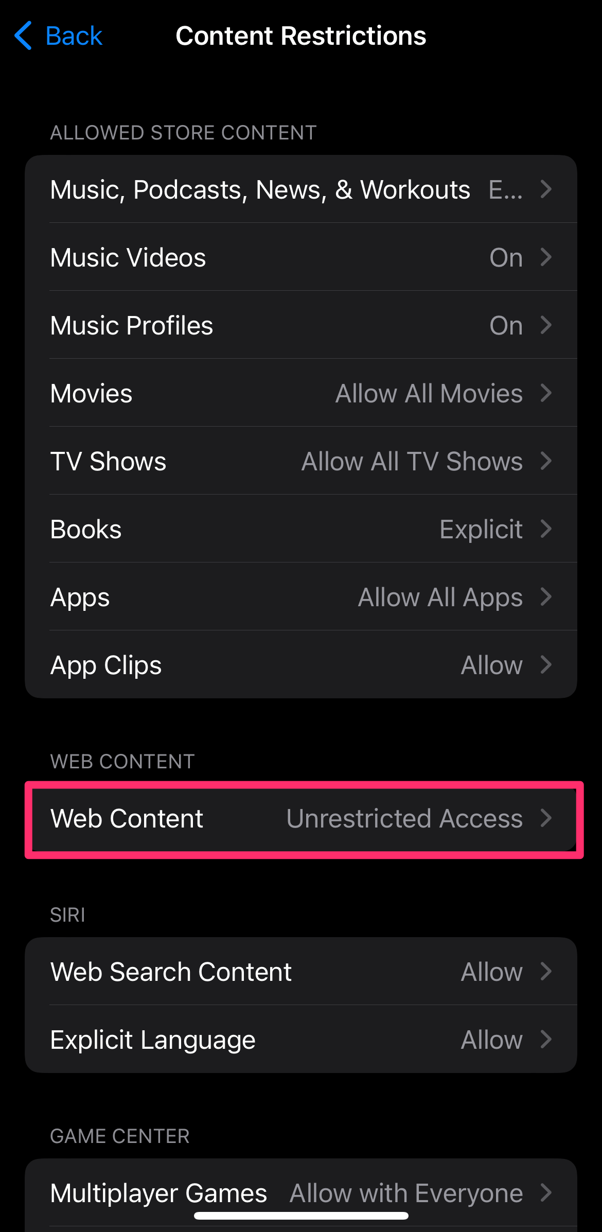 Content Restrictions settings with Web Content highlighted.