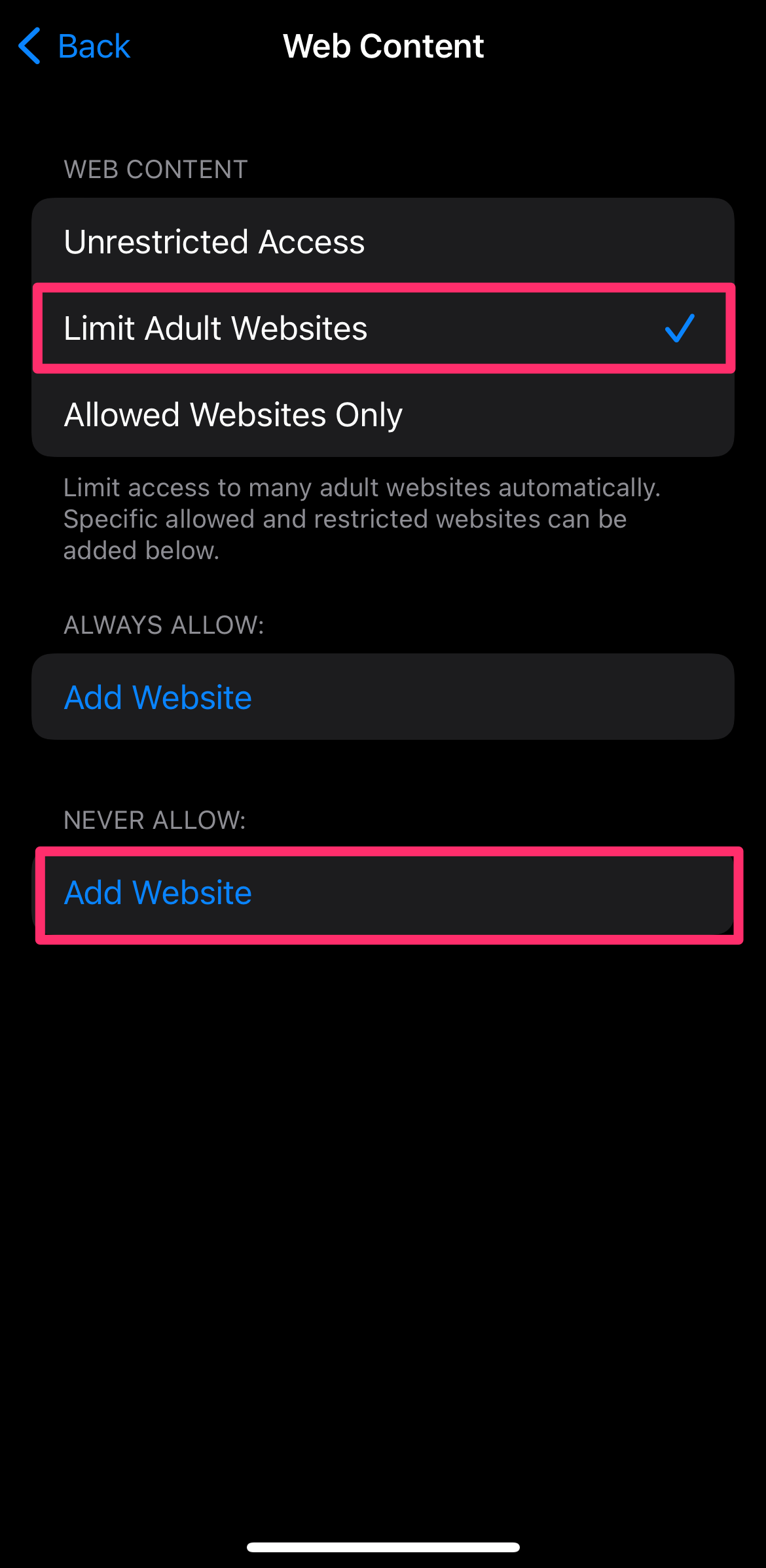 Web Content settings page with Limit Adult Websites and Add Website options highlighted.