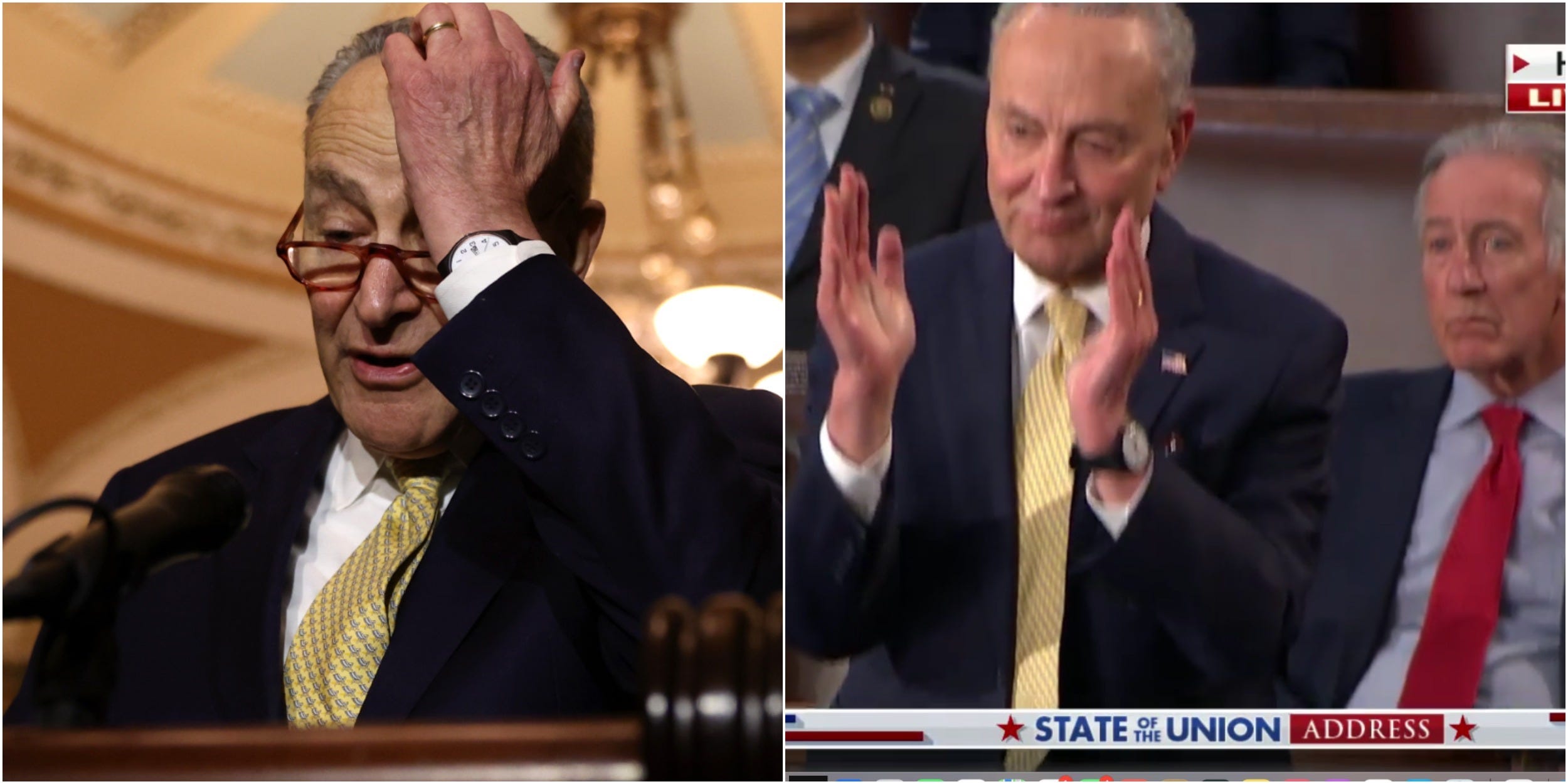Collage: Chuck Schumer holding his forehead, half standing in applause.
