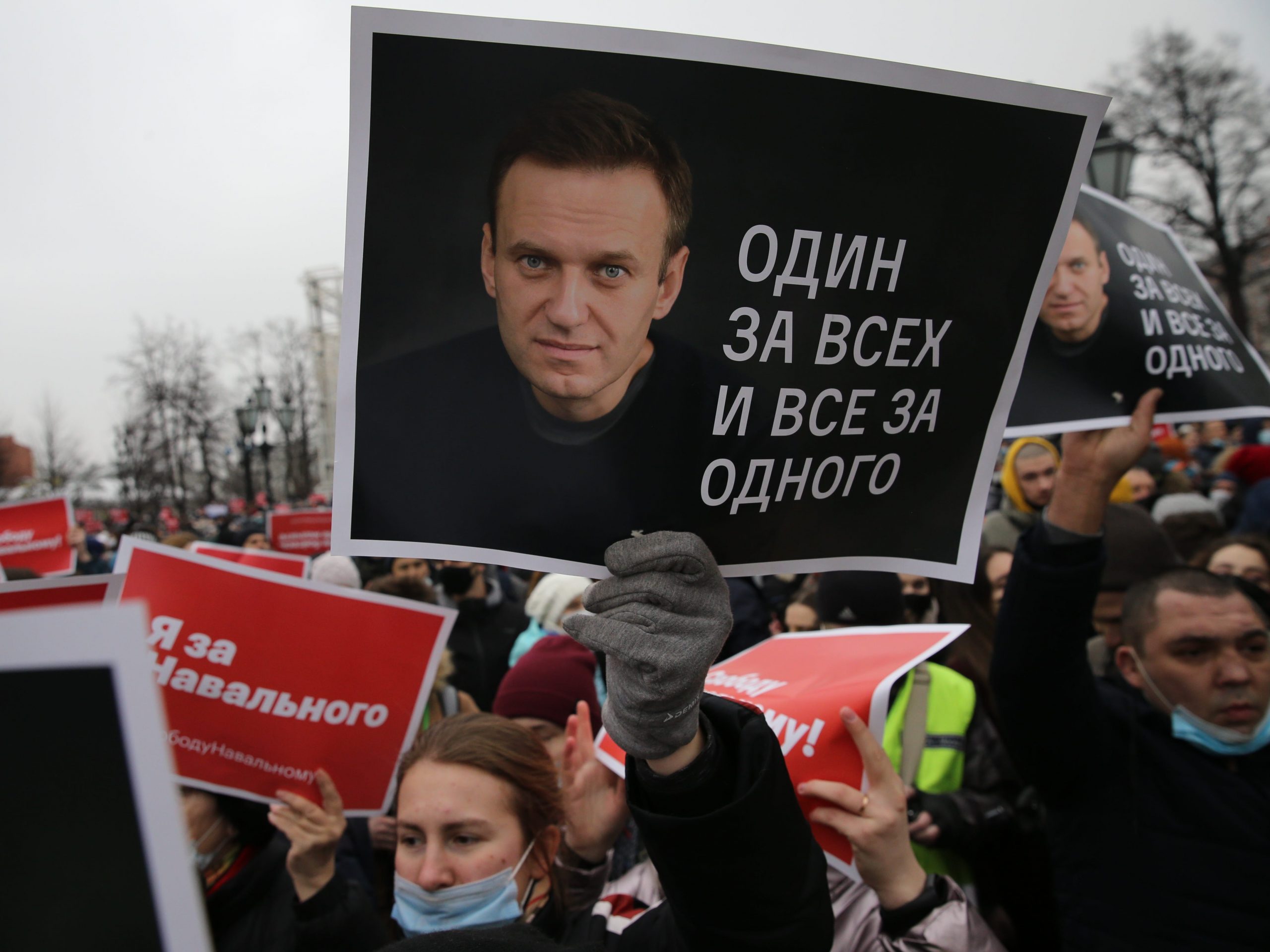 Participants of an unauthorized protest rally against of jailing of opposituon leader Alexei Navalny shout, on January 23, 2021 in Moscow, Russia.