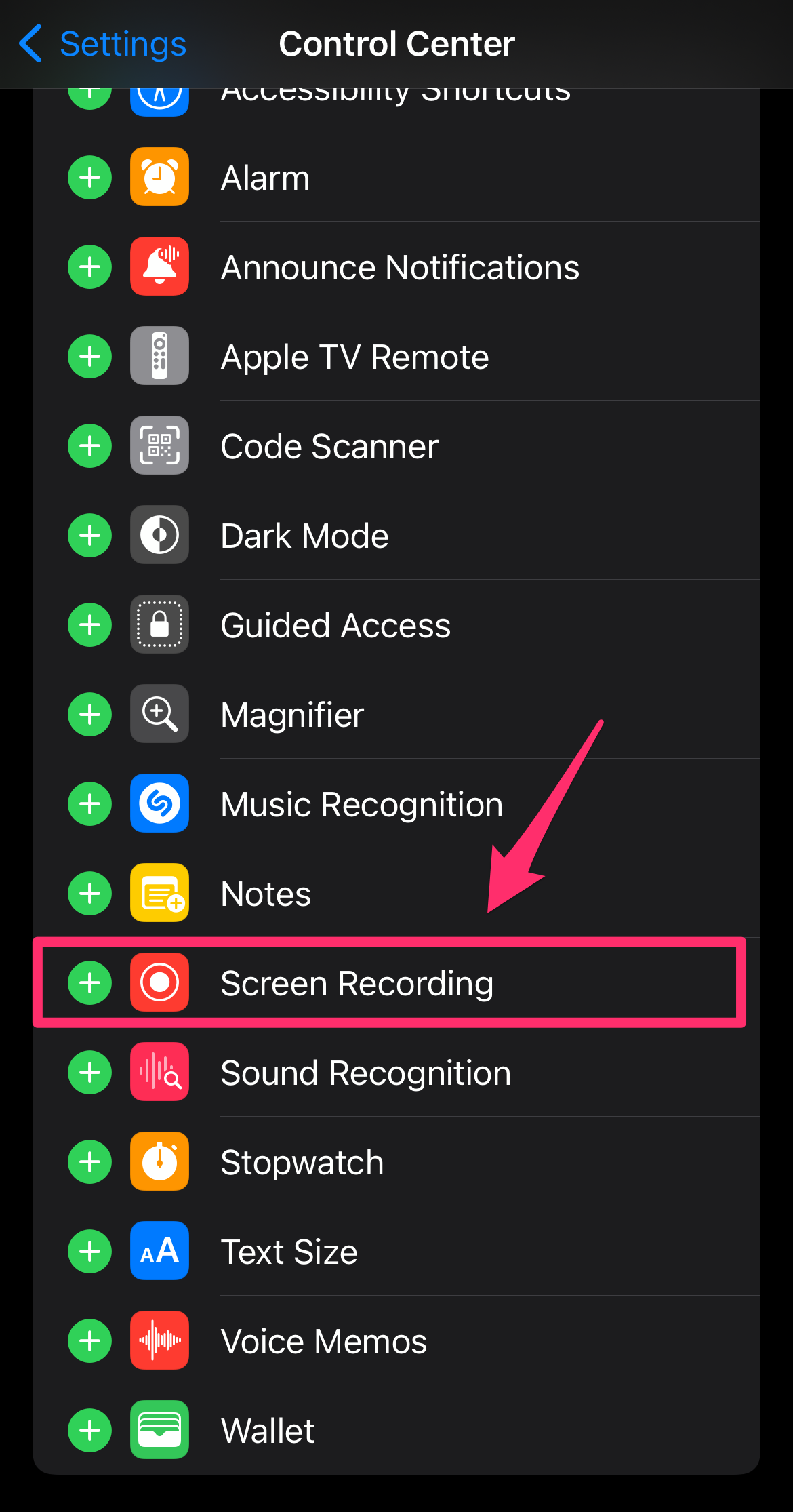 iPhone screenshot of Control Center settings with Screen Recording highlighted.