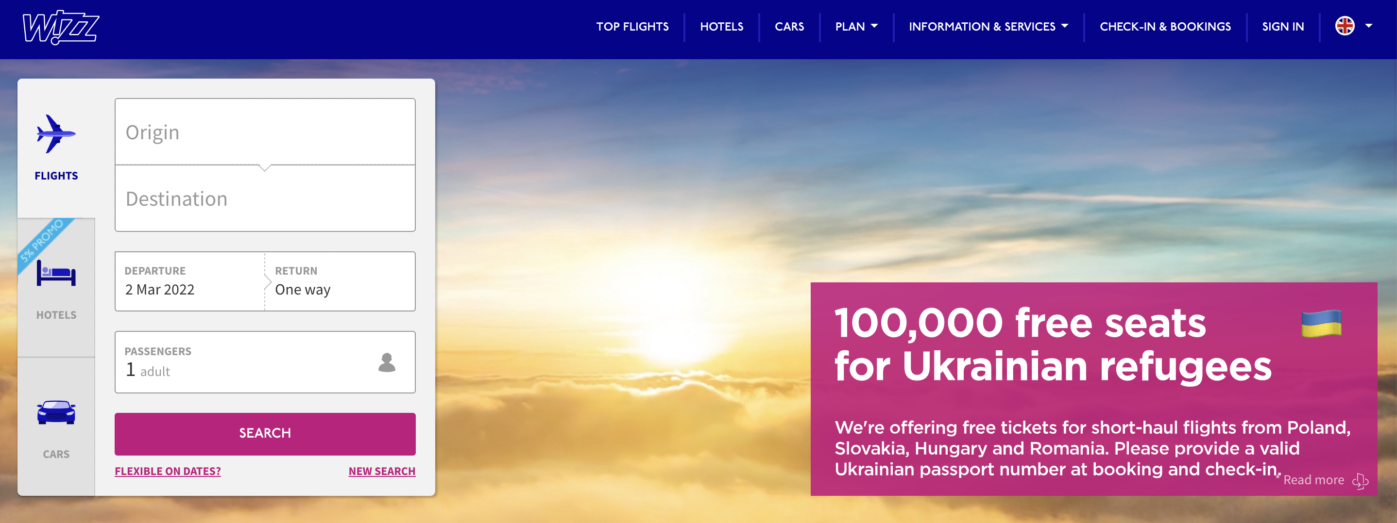 Wizz Air dedicated website for Ukrainian refugee flight bookings.