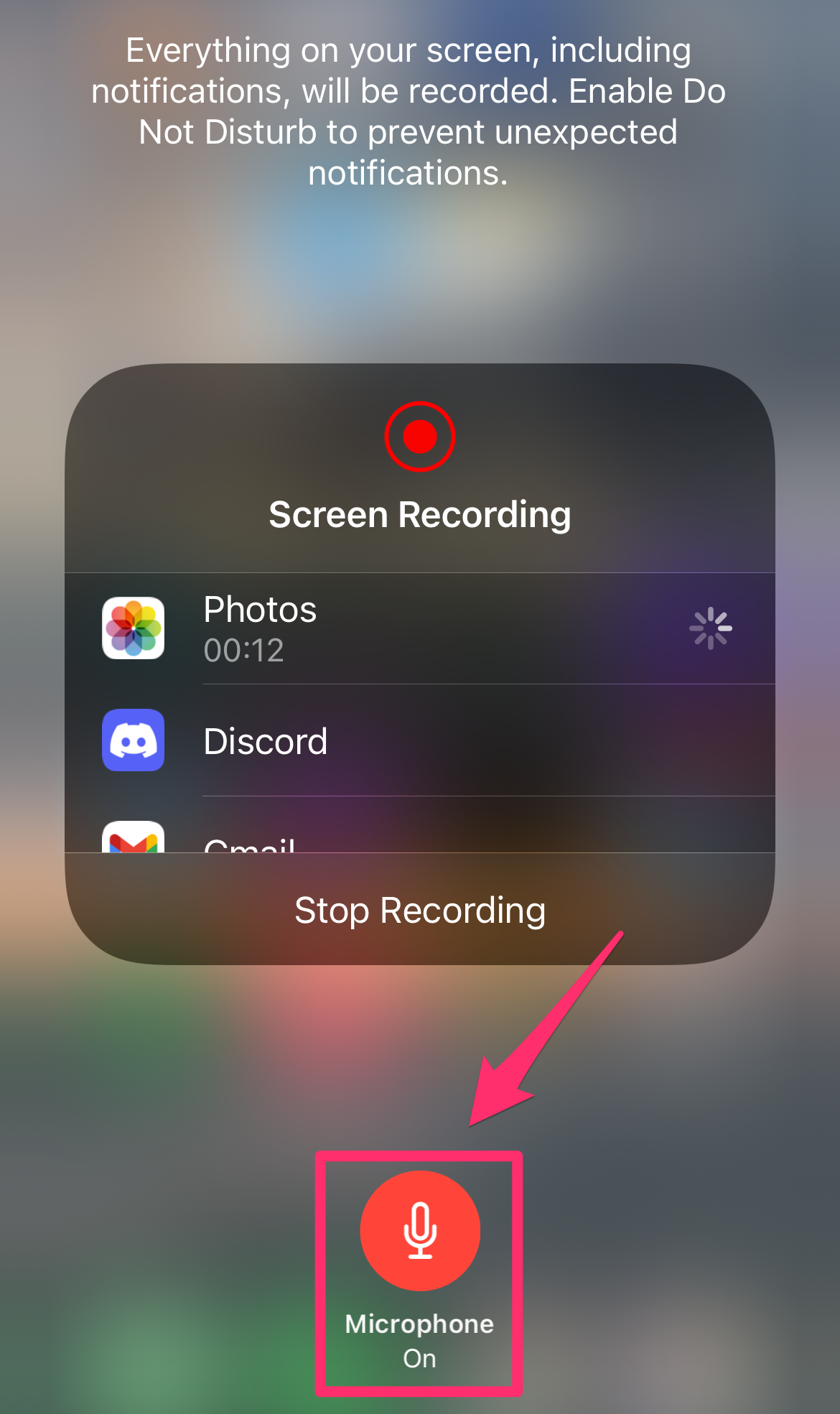iPhone screenshot of Screen Recording with Microphone highlighted.
