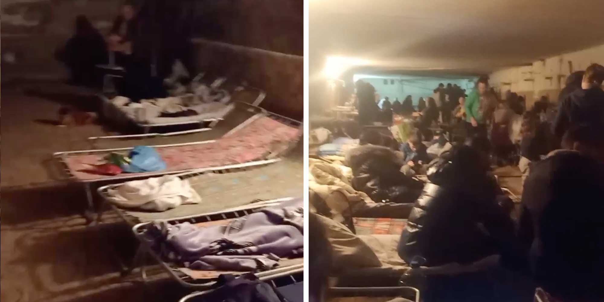 A composite images made of videos from two shelters in Kherson. They show dark rooms with beds and people.