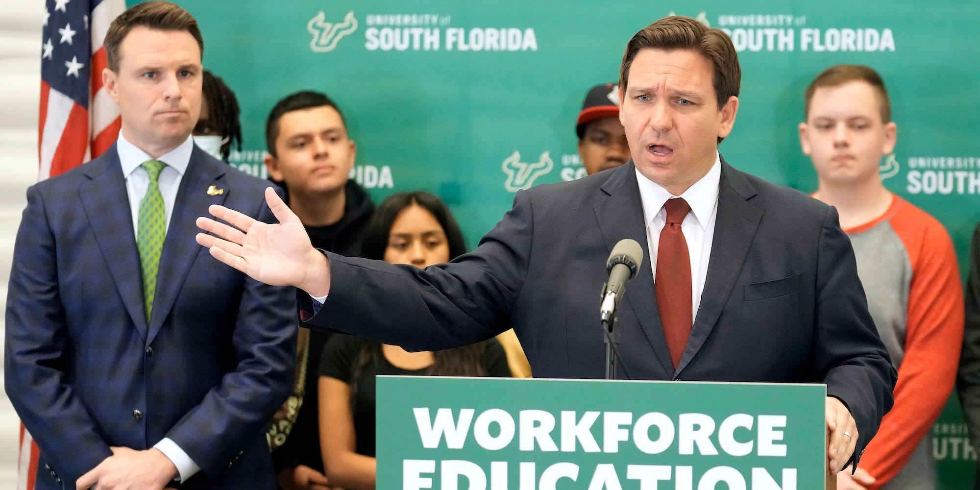 Florida Gov. Ron DeSantis speaks during a news conference after announcing a $20 million dollar program to create cybersecurity opportunities through the Florida Center for Cybersecurity at the University of South Florida Wednesday, March 2, 2022, in Tampa, Fla.