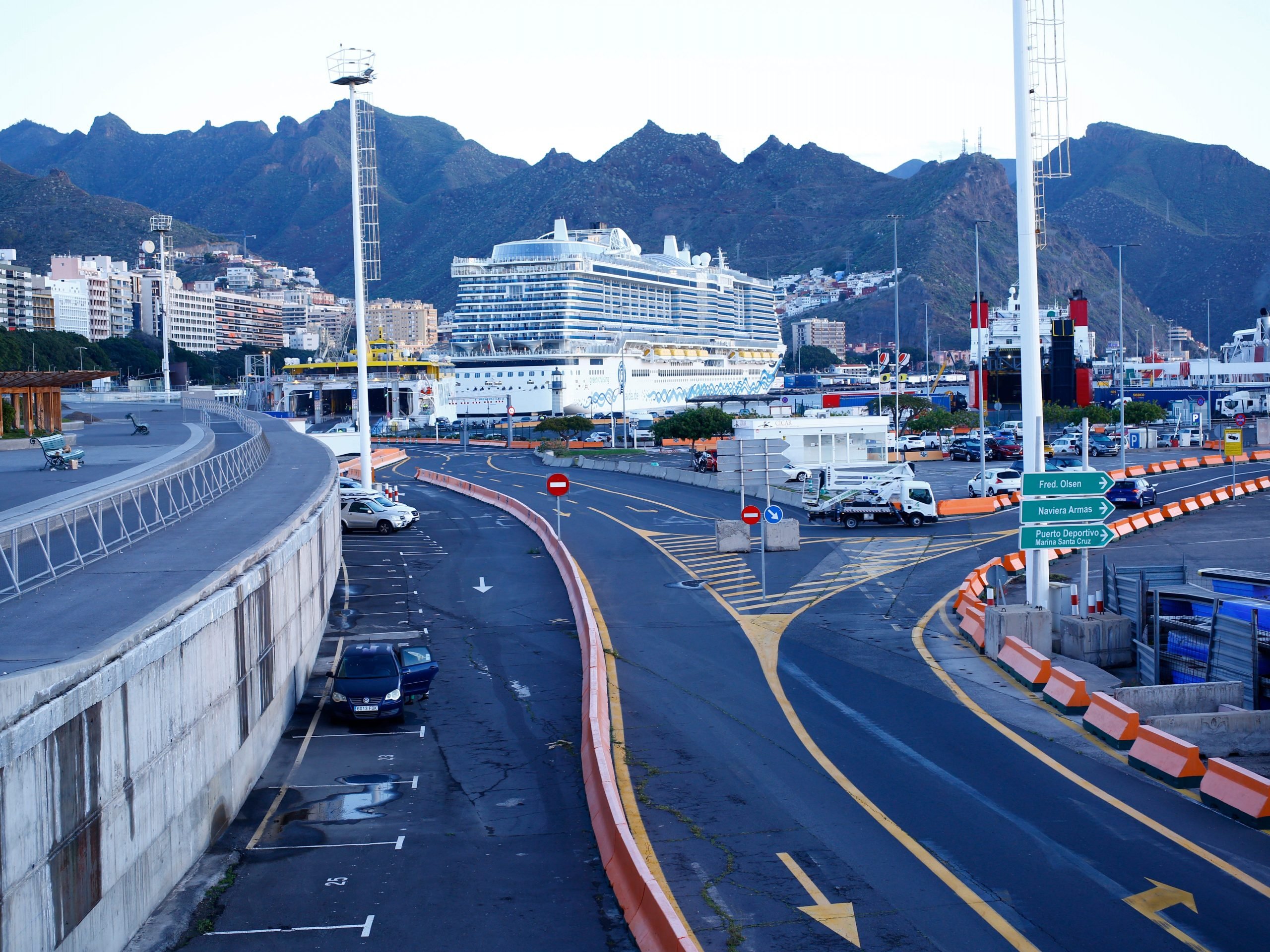 Roads leading to a cruise ship in port in Tenerife, Canary Islands