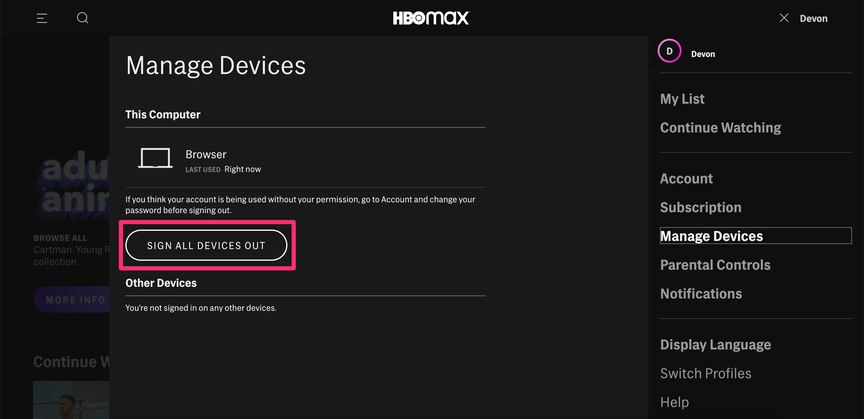 A screenshot highlighting the Sign All Devices Out option on an HBO Max account.