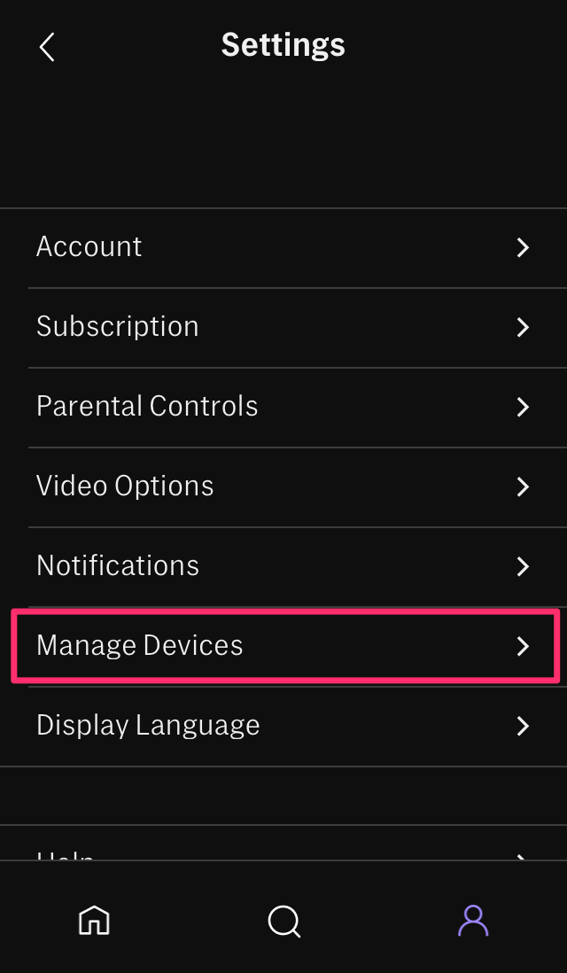 A screenshot highlighting the Manage Devices option in an HBO Max account.