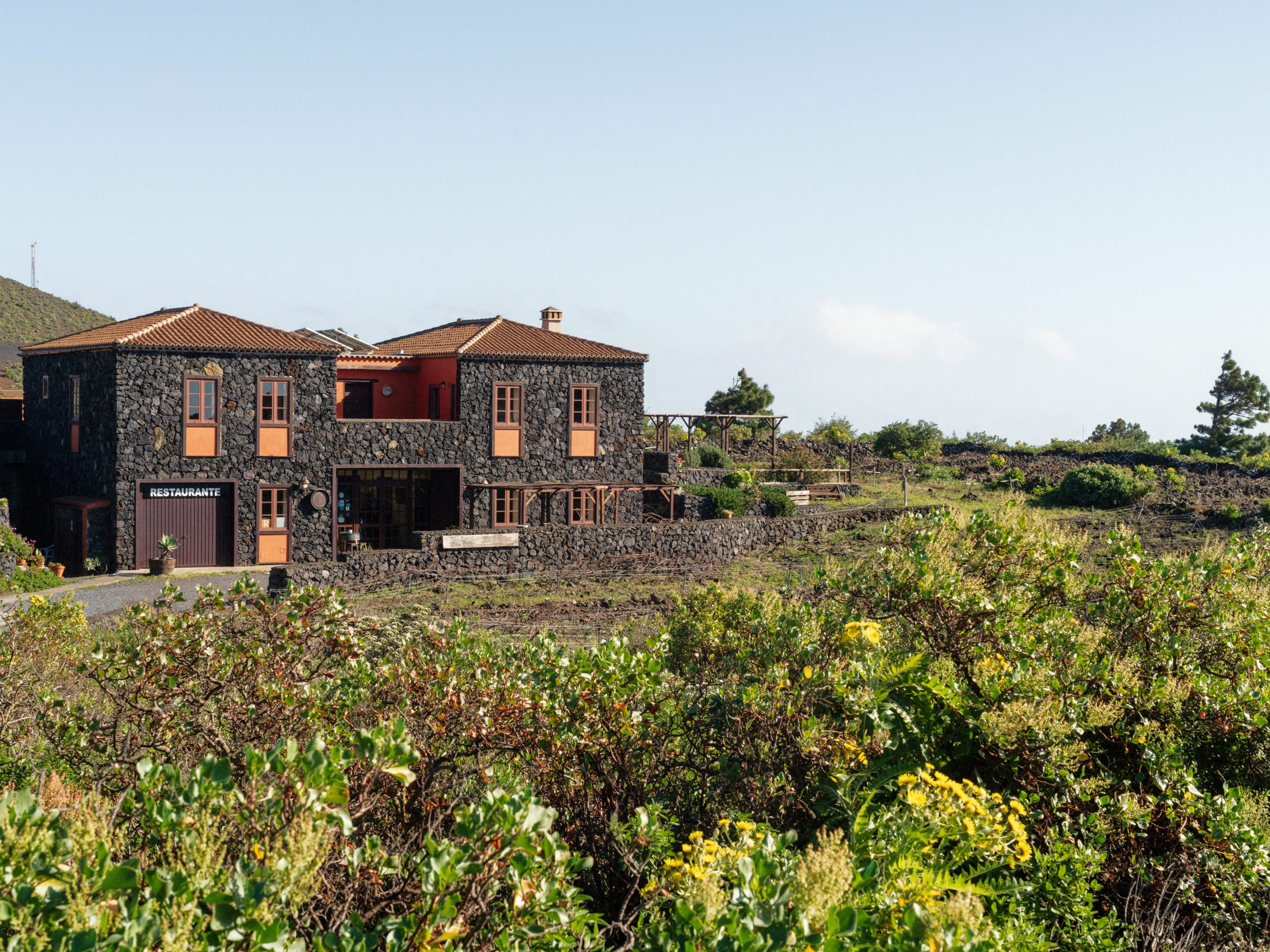 A large stone building with a vineyard behind it.