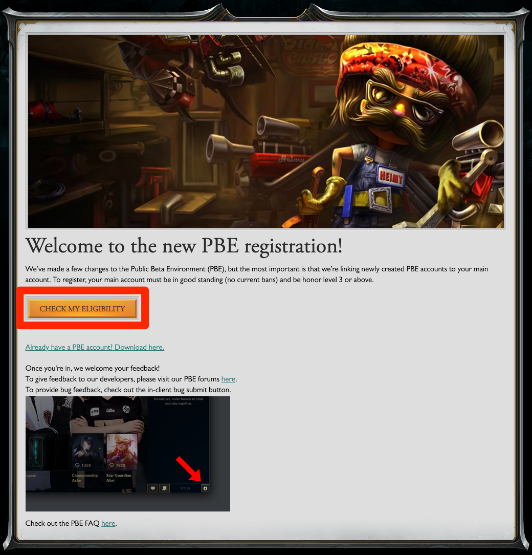 The PBE registration page on the League of Legends website.