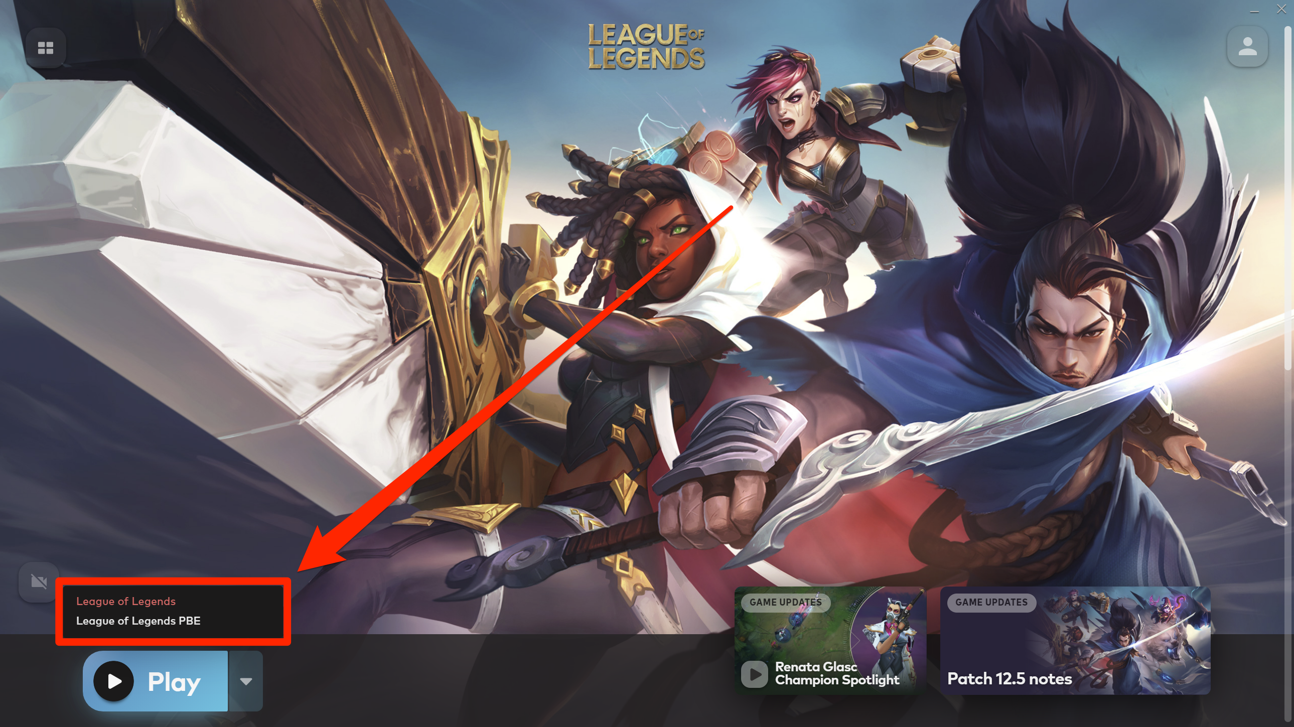 The introduction page for the League of Legends client. The "League of Legends PBE" option is highlighted.