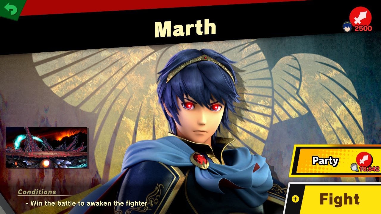 A screenshot from the World of Light mode in Super Smash Bros. Ultimate, showing the character Marth.