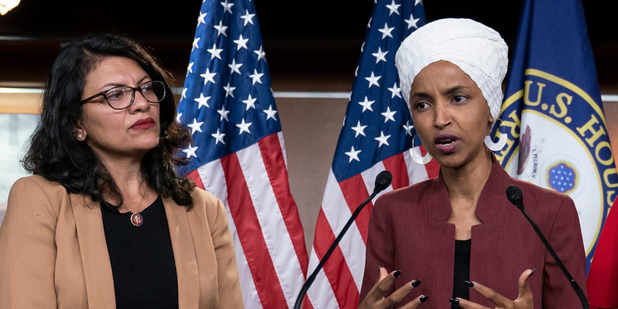 From left: Democratic Reps. Rashida Tlaib of Michigan and Ilhan Omar of Minnesota at a press conference on August 19, 2019.