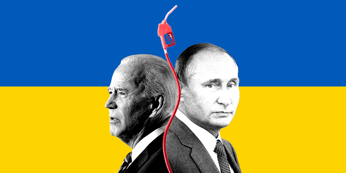 Putin and Biden with a gas pump in between them and the Ukranian flag in the background