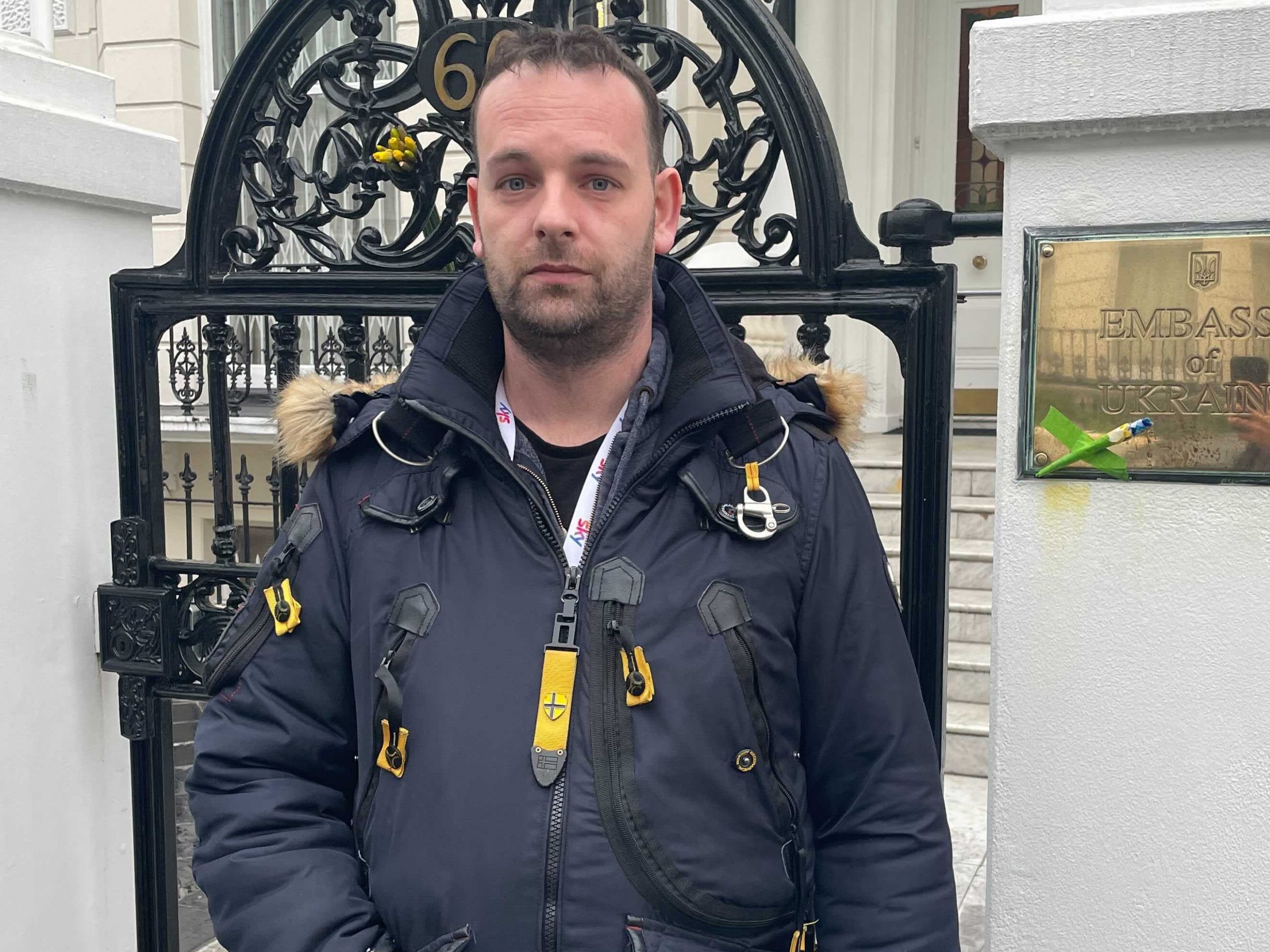 Andrew Luke stands outside the Ukrainian Embassy in London