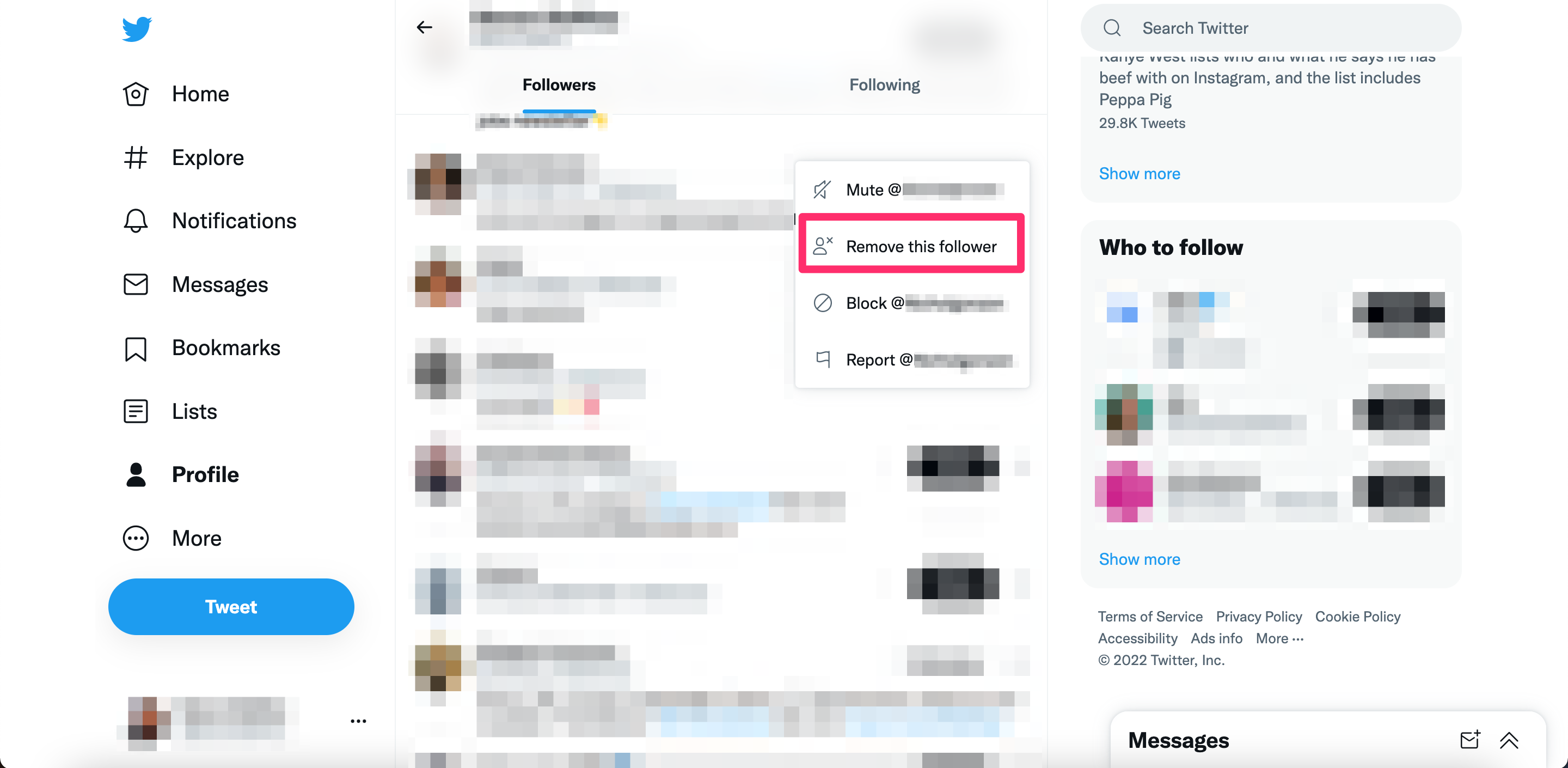 A screenshot highlighting the "Remove this Follower" menu on Twitter