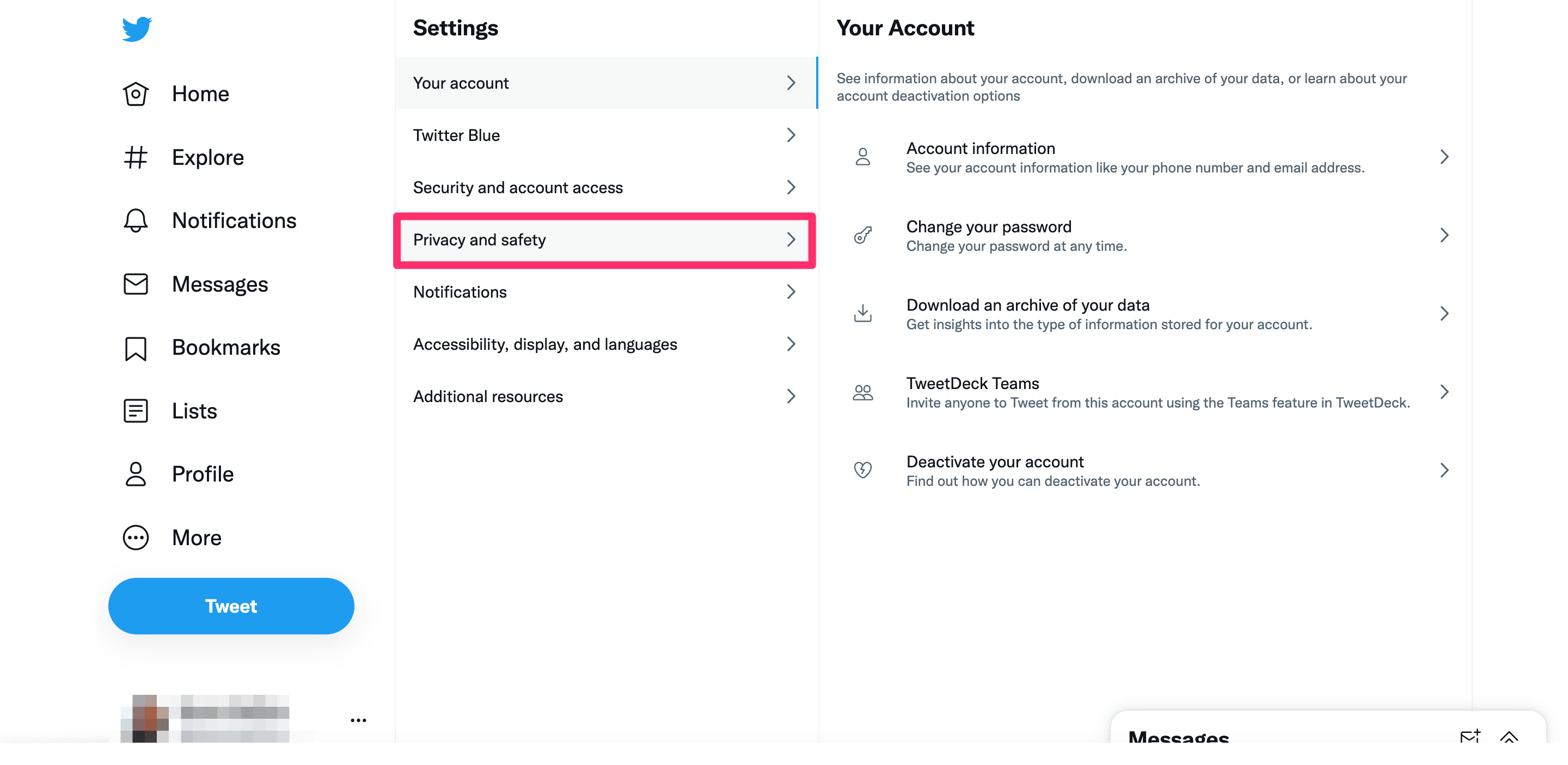 A screenshot highlighting the Privacy and Safety section on the desktop version of Twitter.