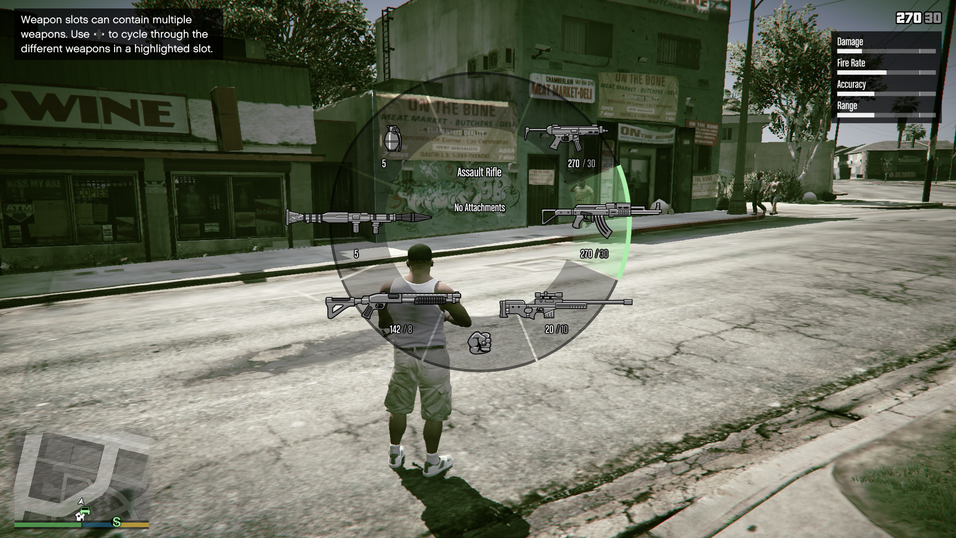 A screenshot from Grand Theft Auto 5, showing an inventory full of weapons.