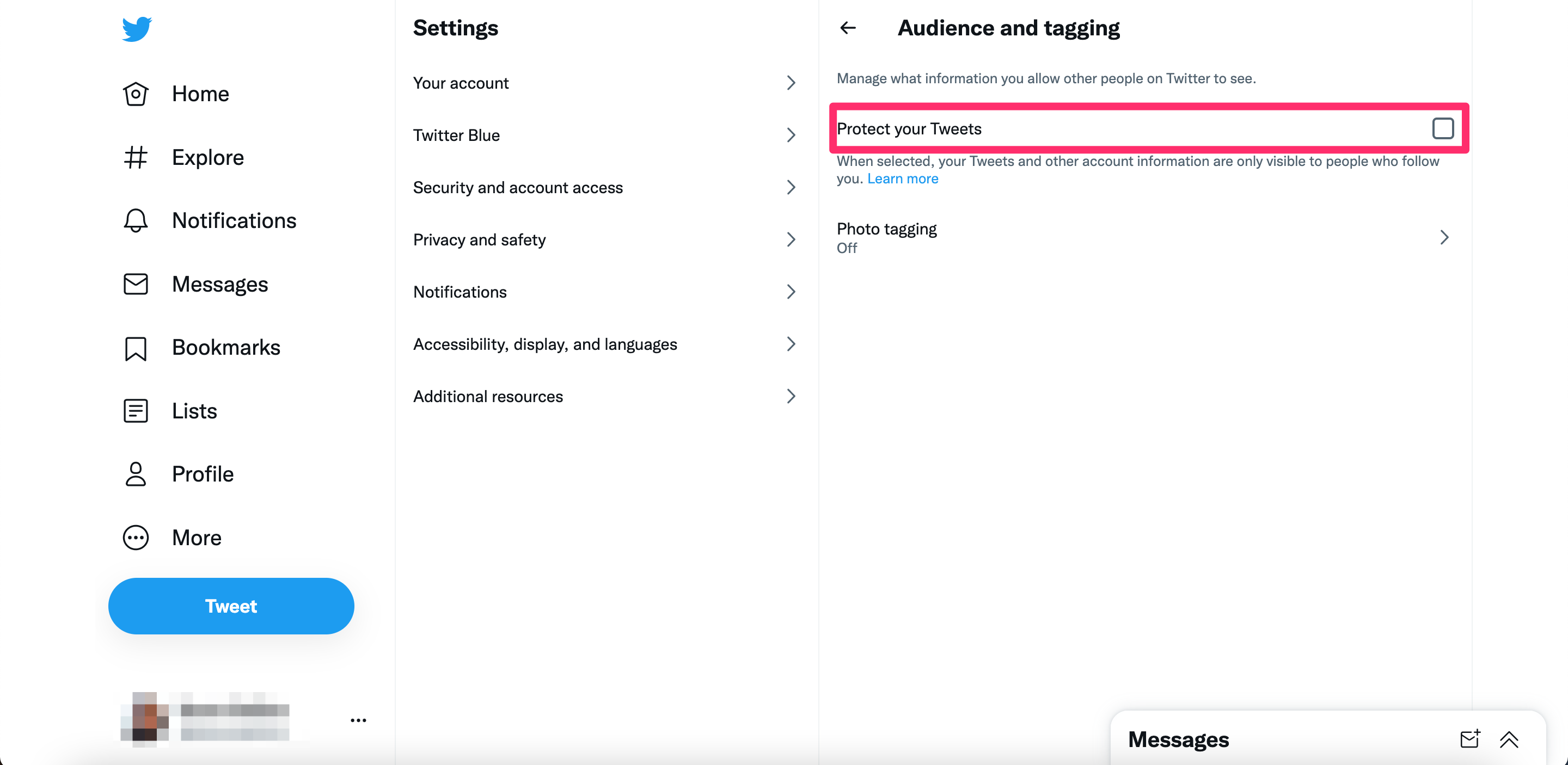 A screenshot highlighting the Protect your Tweets option on a Twitter account.