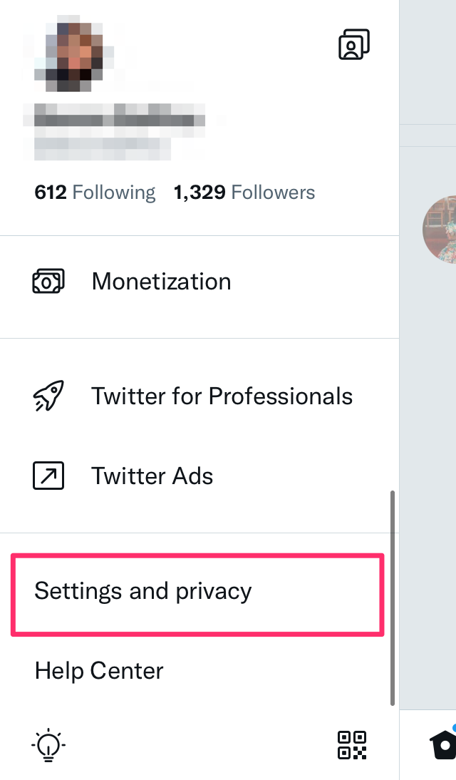 A screenshot highlighting the Settings and Privacy option in the Twitter mobile app.