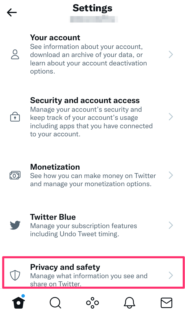 A screenshot highlighting the Privacy and Safety option in the Twitter mobile app.