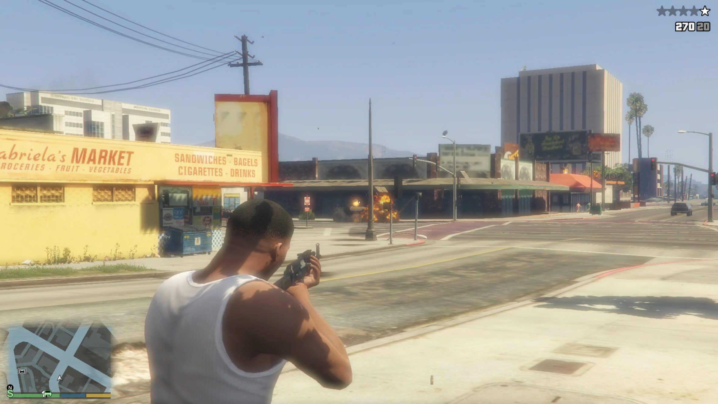 A screenshot from Grand Theft Auto 5, showing the character Franklin shooting explosive bullets.