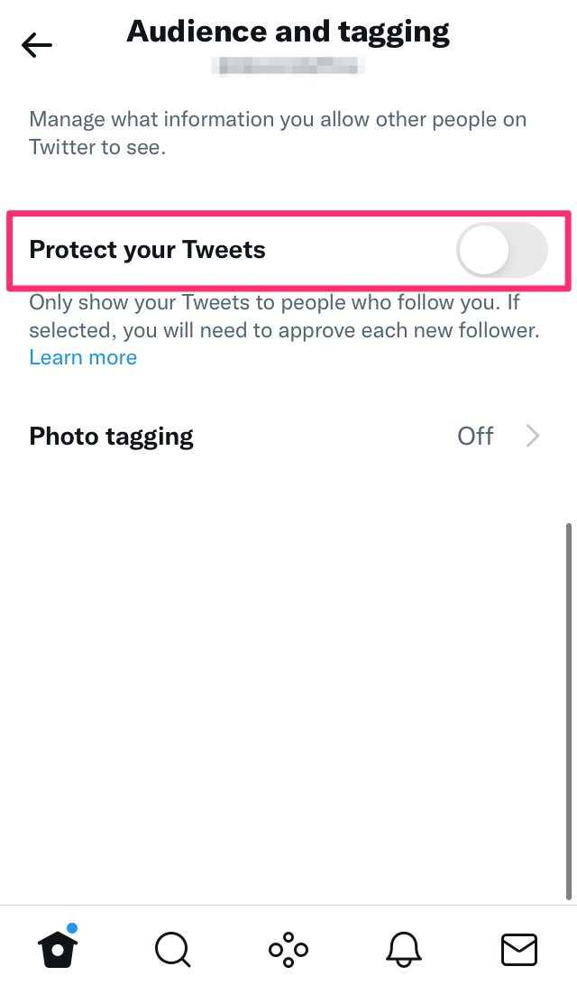 A screenshot highlighting the Protect your Tweets option in the Twitter mobile app.