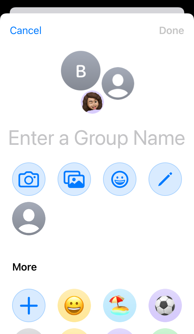 A screenshot of the section within a group text’s settings where you can change the name and photo.