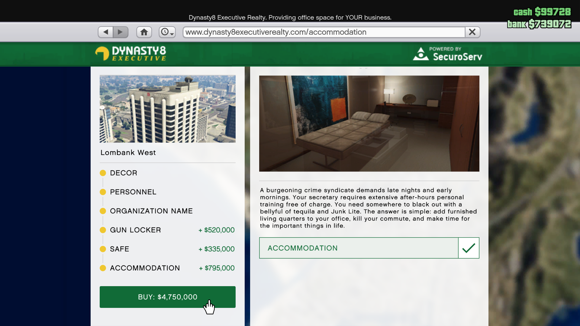 A screenshot from Grand Theft Auto 5, showing how to buy an executive office.