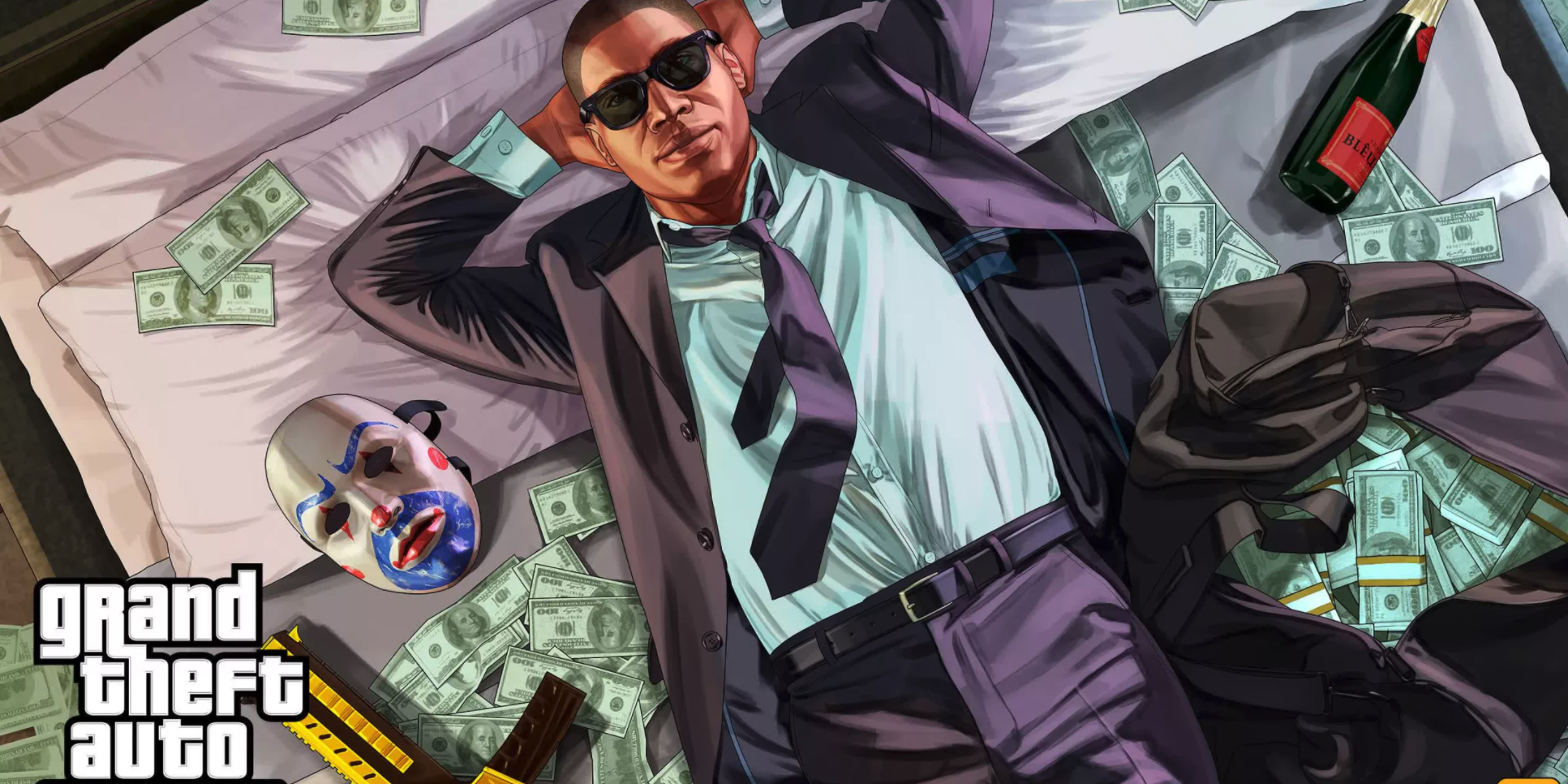 A character from Grand Theft Auto Online laying on a bed covered in money.