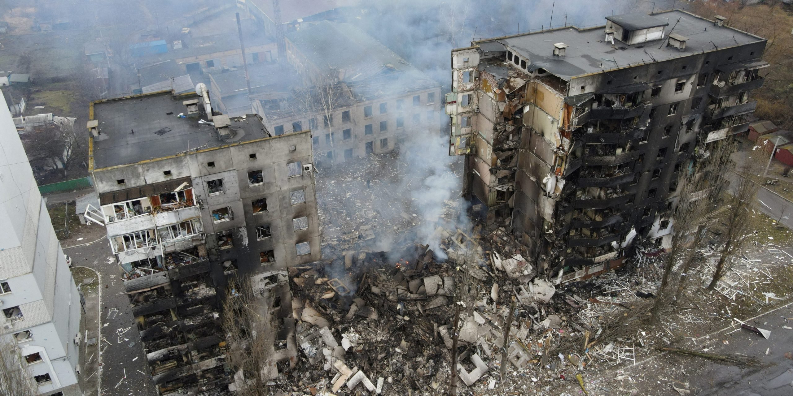 Bombed apartment building in Borodyanka, Ukraine