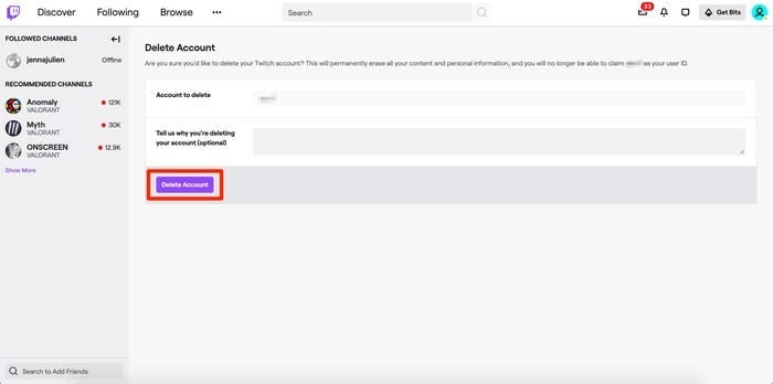 Twitch account deletion page, with the “Delete Account” button highlighted.