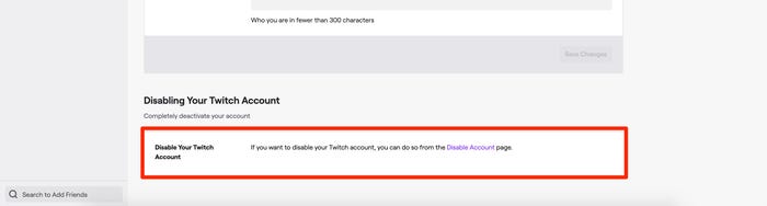 Twitch profile settings, with the “Disable Account” link highlighted.