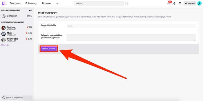 Account Disable page on Twitch, with the “Disable Account” button highlighted.